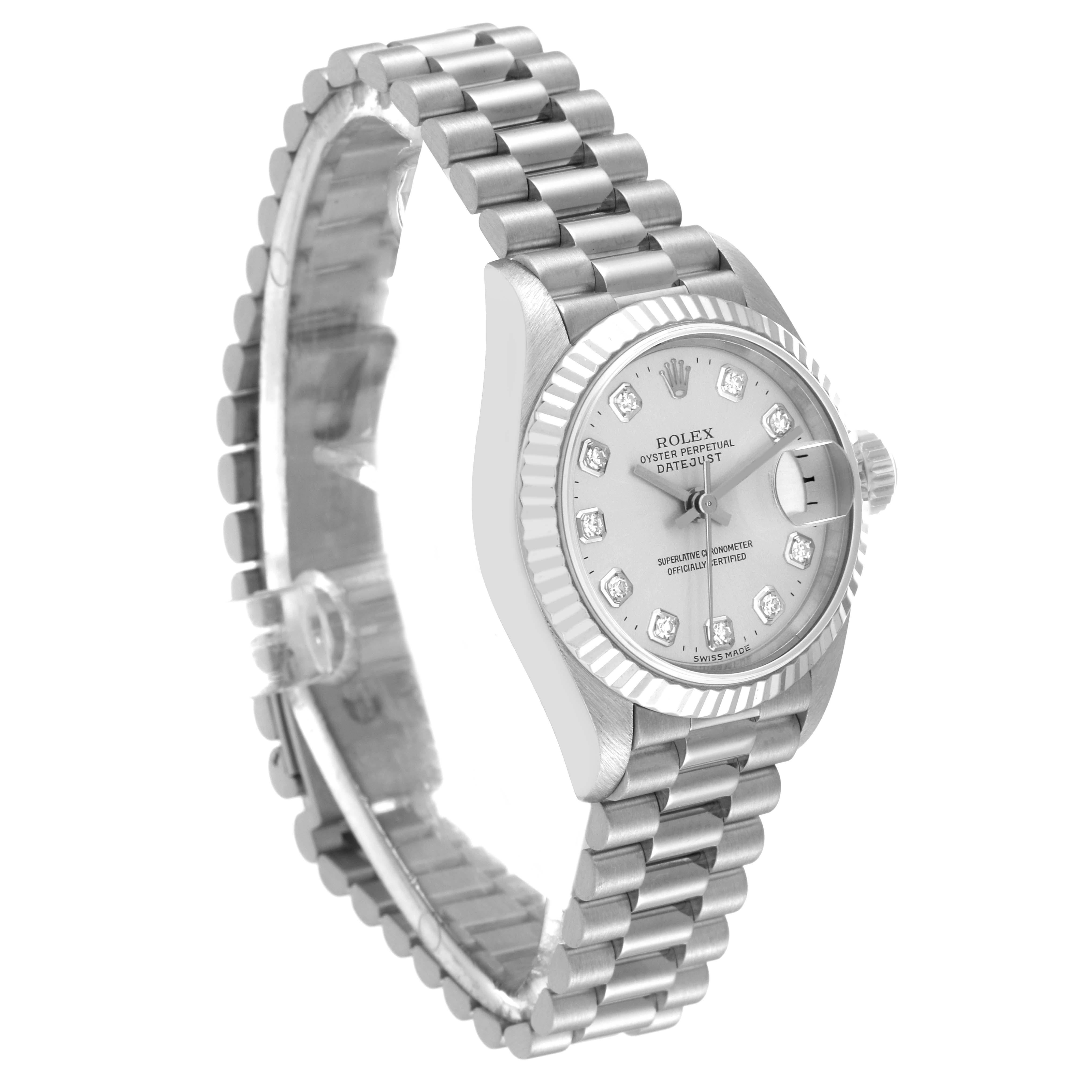The image shows a Rolex President 69179 Women
s White Gold Silver Dial 69179 Women
s White Gold Silver Dial model watch from a front angle, highlighting the dial, bezel, and bracelet.
