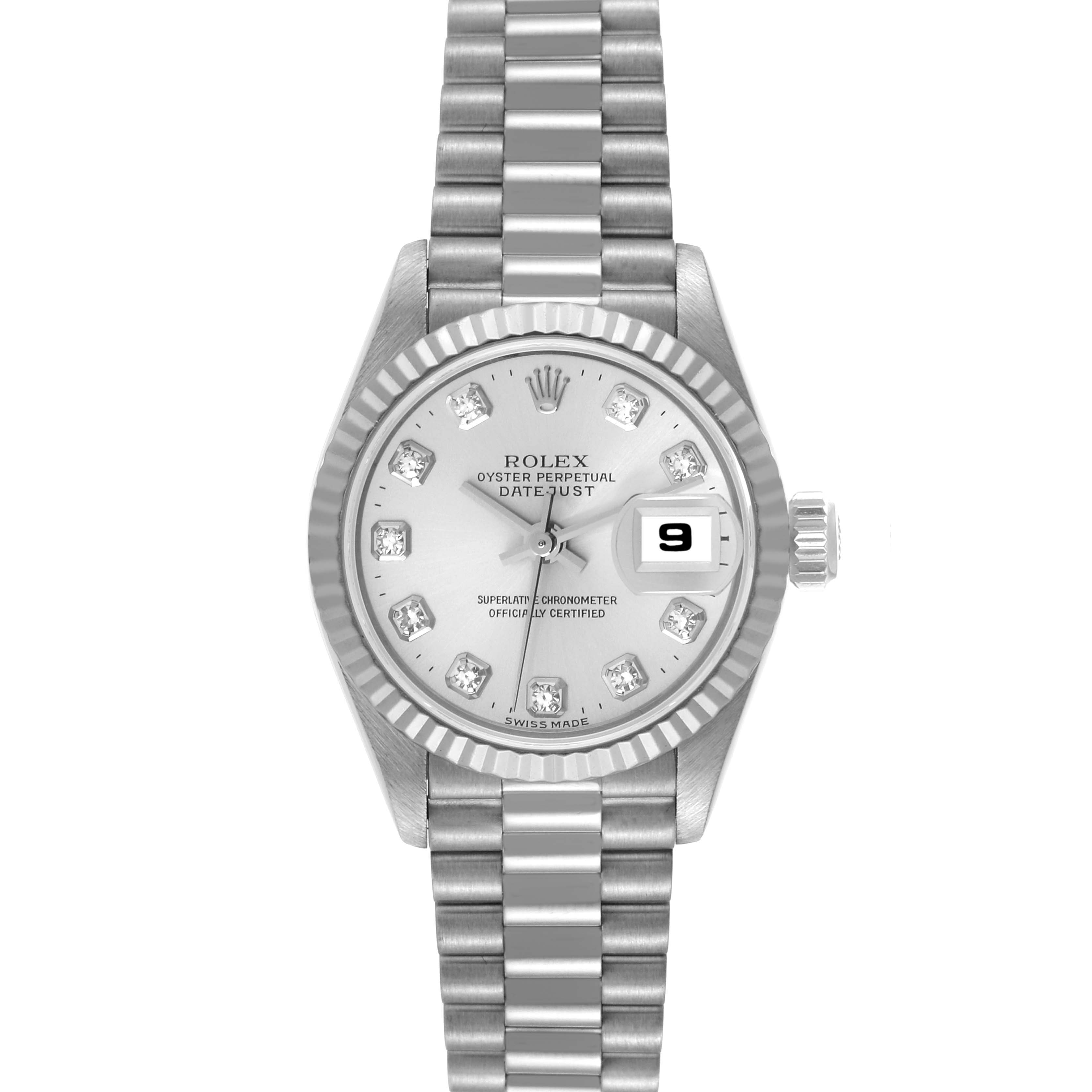 The image shows a front view of a Rolex President 69179 Women
s White Gold Silver Dial 69179 Women
s White Gold Silver Dial model watch, including its face, bezel, and bracelet.
