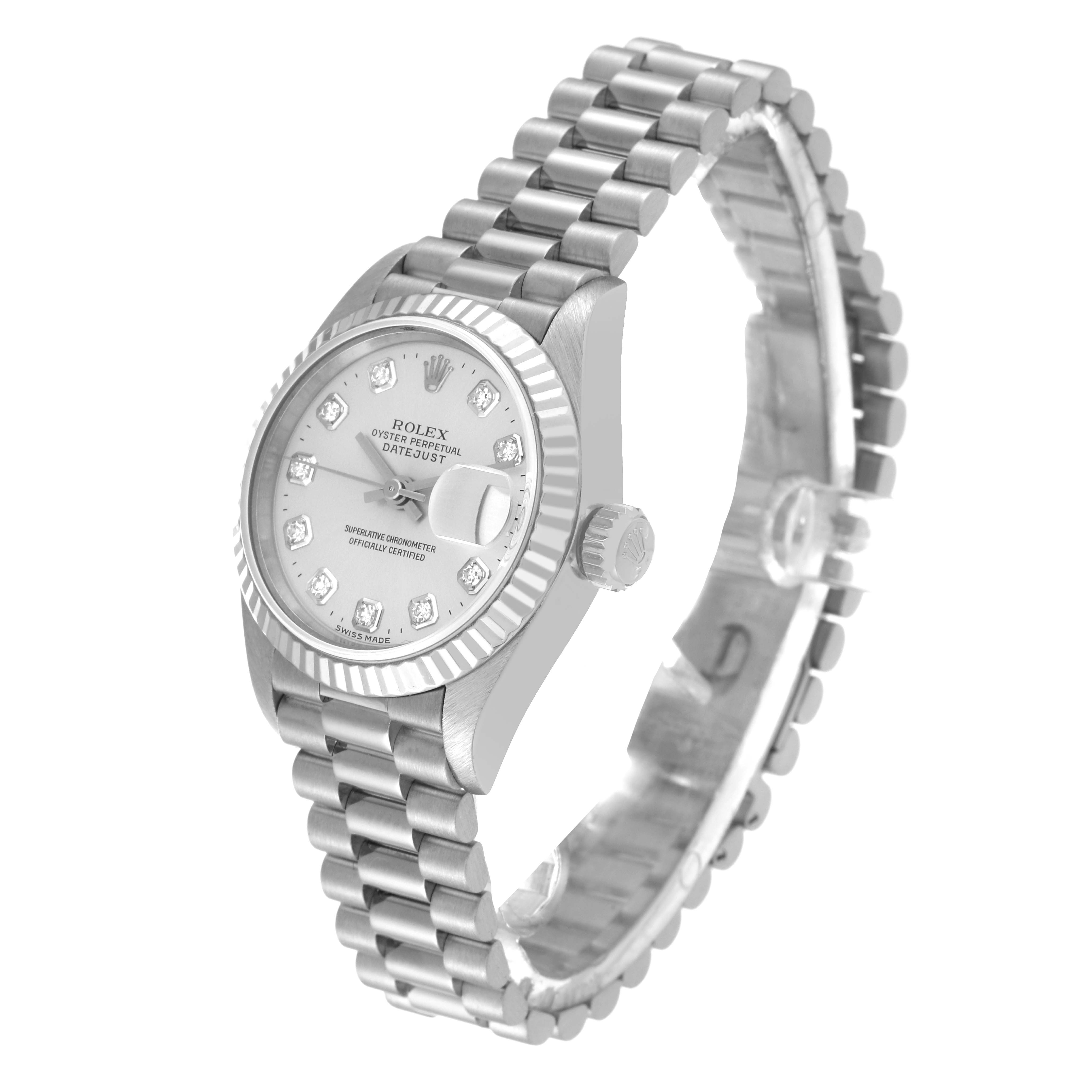 The Rolex President 69179 Women
s White Gold Silver Dial 69179 Women
s White Gold Silver Dial model is shown from a three-quarter angle, displaying the face, bezel, dial, and bracelet.