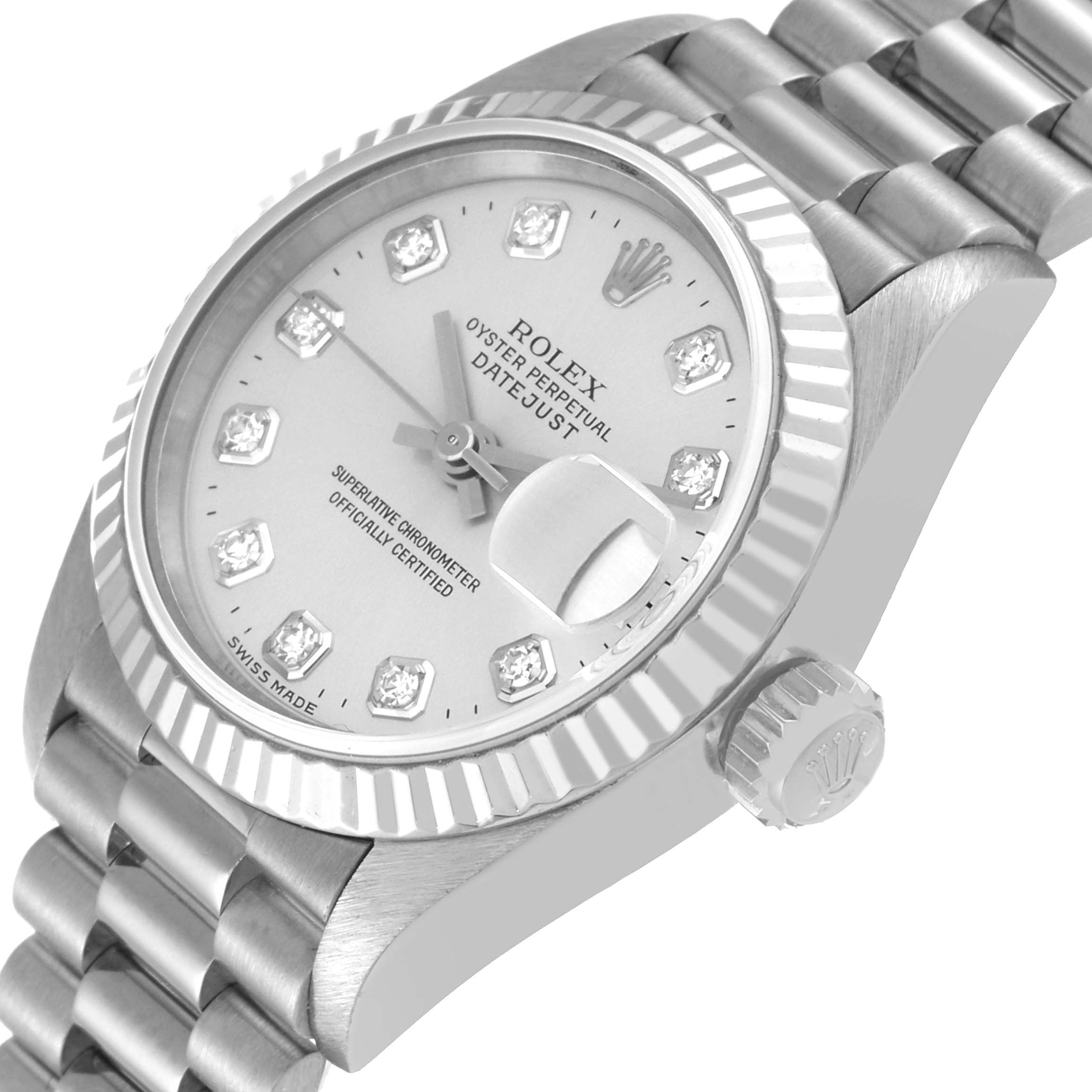 This image shows a close-up angled view of the Rolex President 69179 Women
s White Gold Silver Dial 69179 Women
s White Gold Silver Dial model
s dial, bezel, crown, and part of the bracelet.