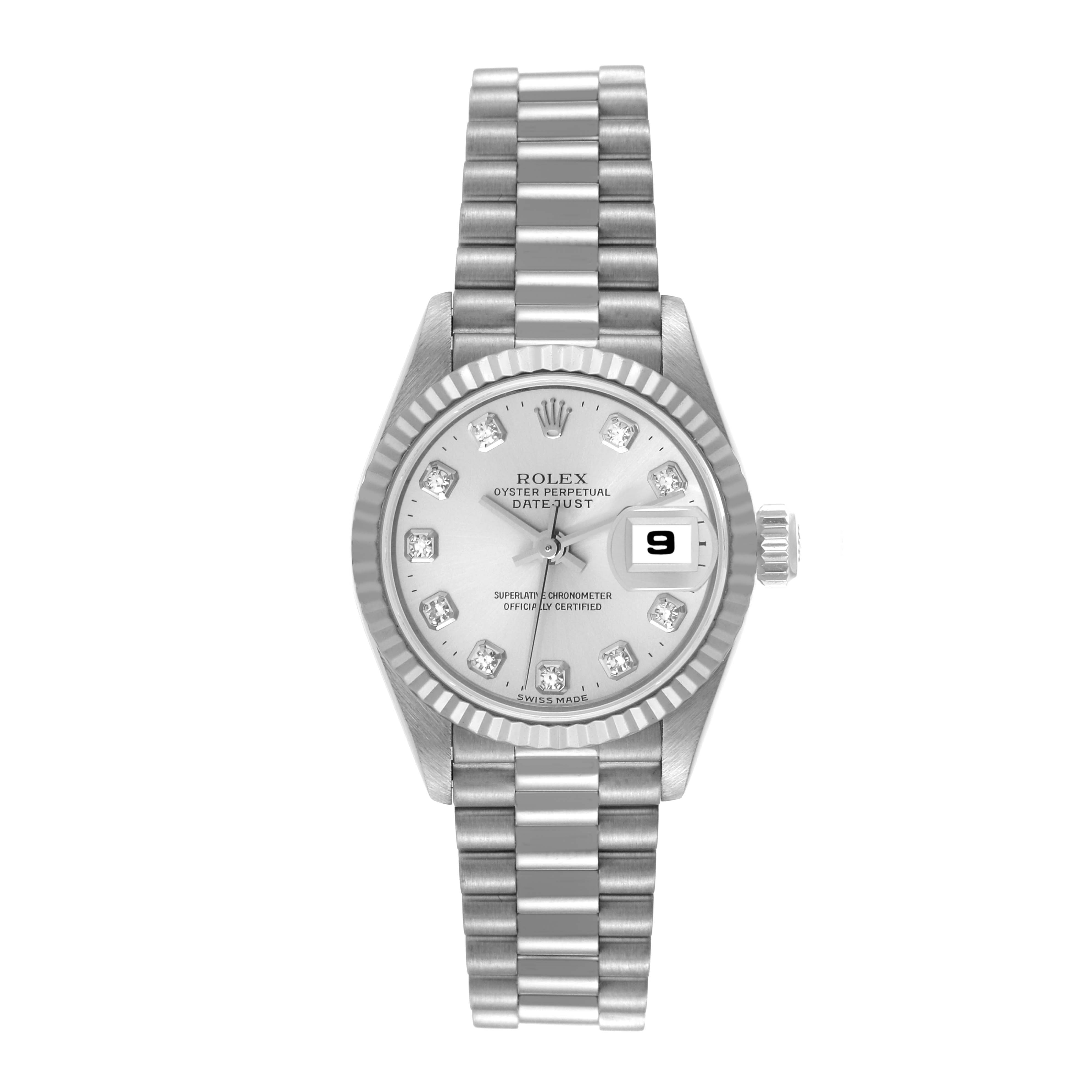 The image shows a frontal view of a Rolex President 69179 Women
s White Gold Silver Dial 69179 Women
s White Gold Silver Dial model watch, highlighting its bezel, dial, hands, date window, and bracelet.