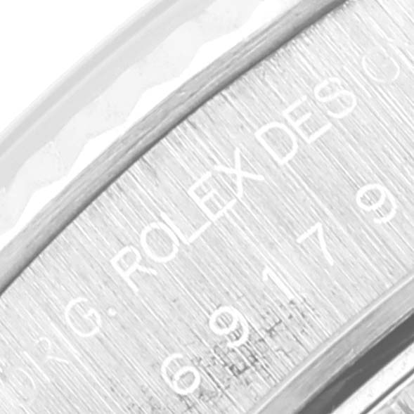 Close-up view of the inner bezel of a Rolex President 69179 Women
s White Gold Silver Dial 69179 Women
s White Gold Silver Dial model watch.