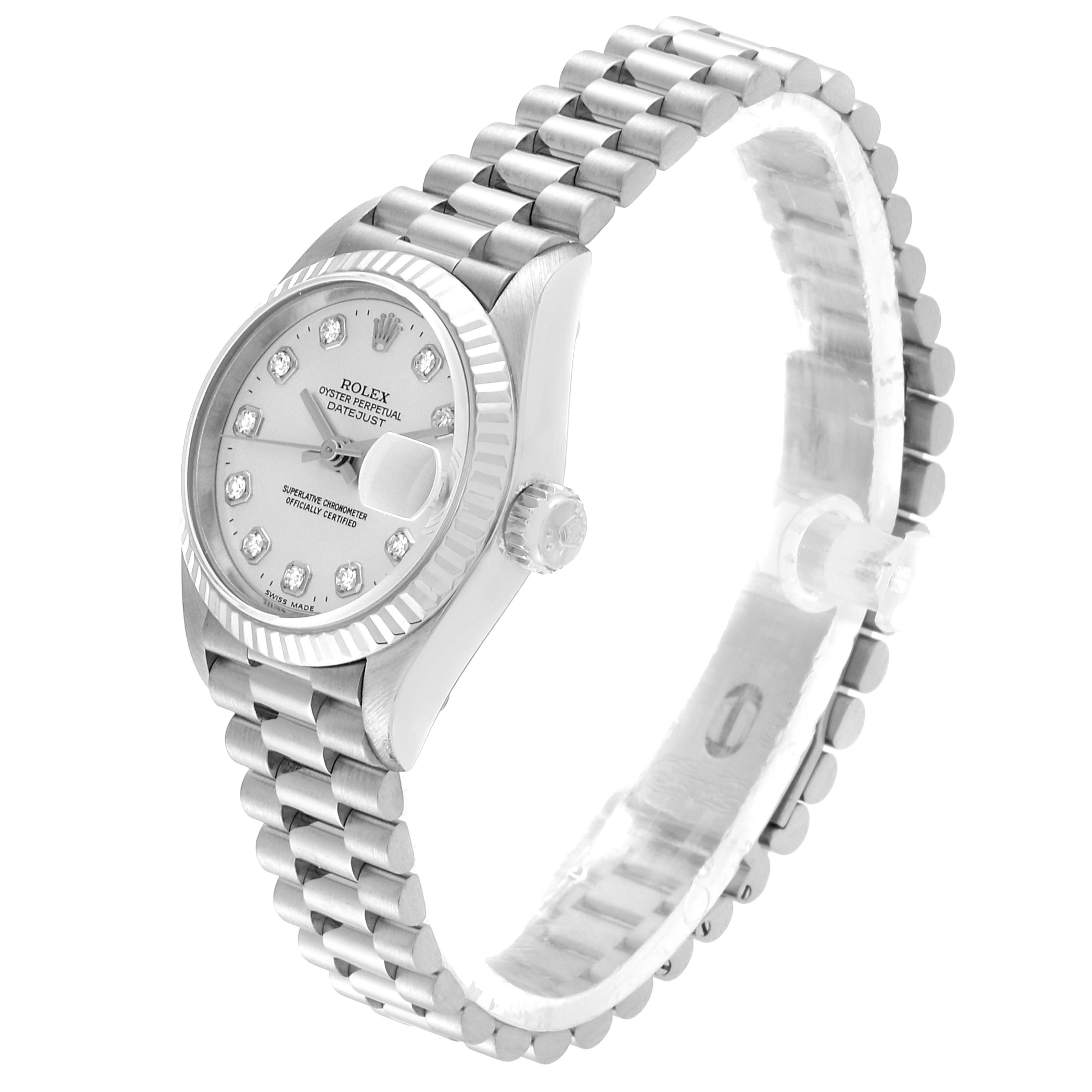 This image shows a side angle of a Rolex President 69179 Women's White Gold Silver Dial 69179 Women's White Gold Silver Dial model watch, highlighting the bracelet, dial, and crown.