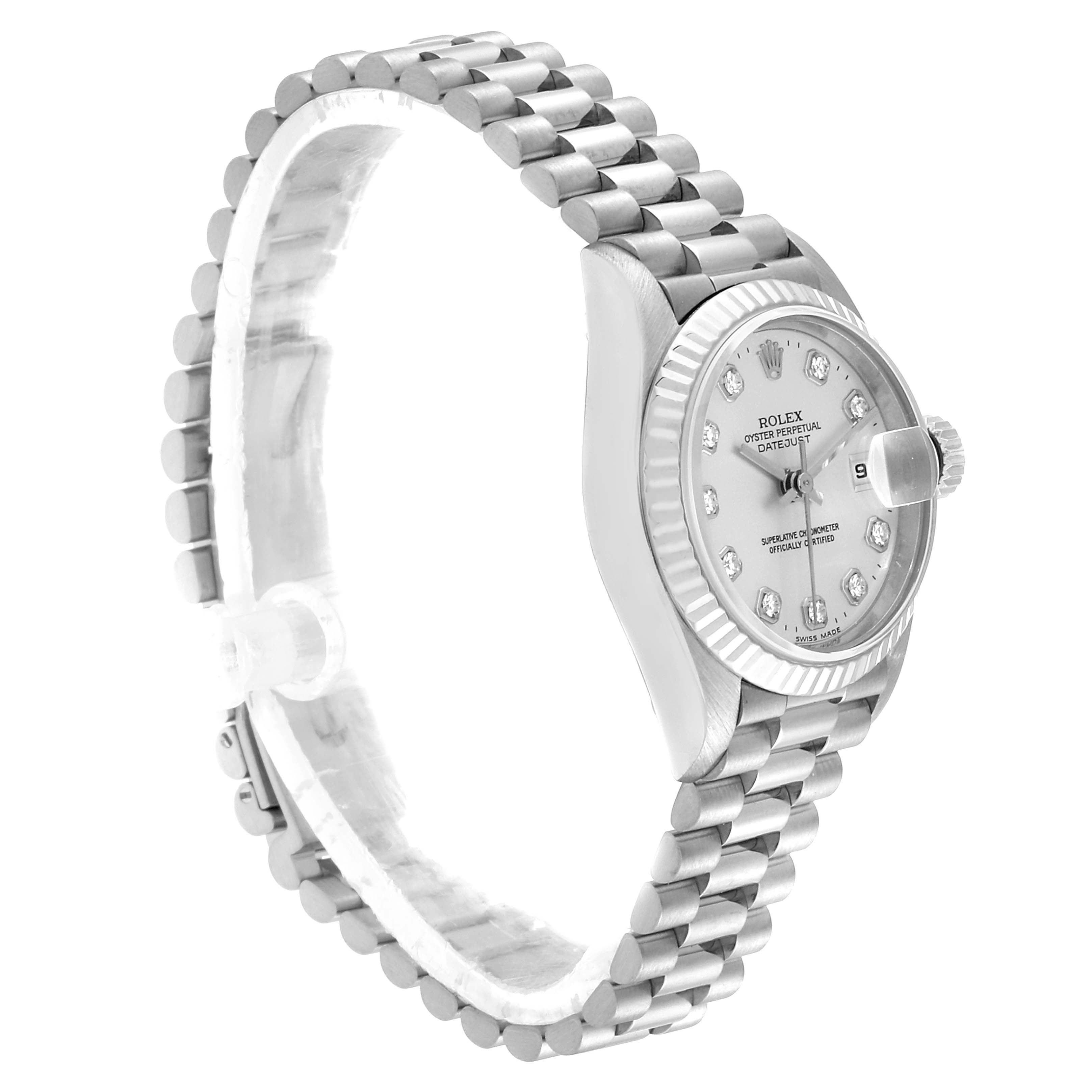 The Rolex President 69179 Women's White Gold Silver Dial 69179 Women's White Gold Silver Dial model watch is shown from a side angle, highlighting its face, bezel, and bracelet.