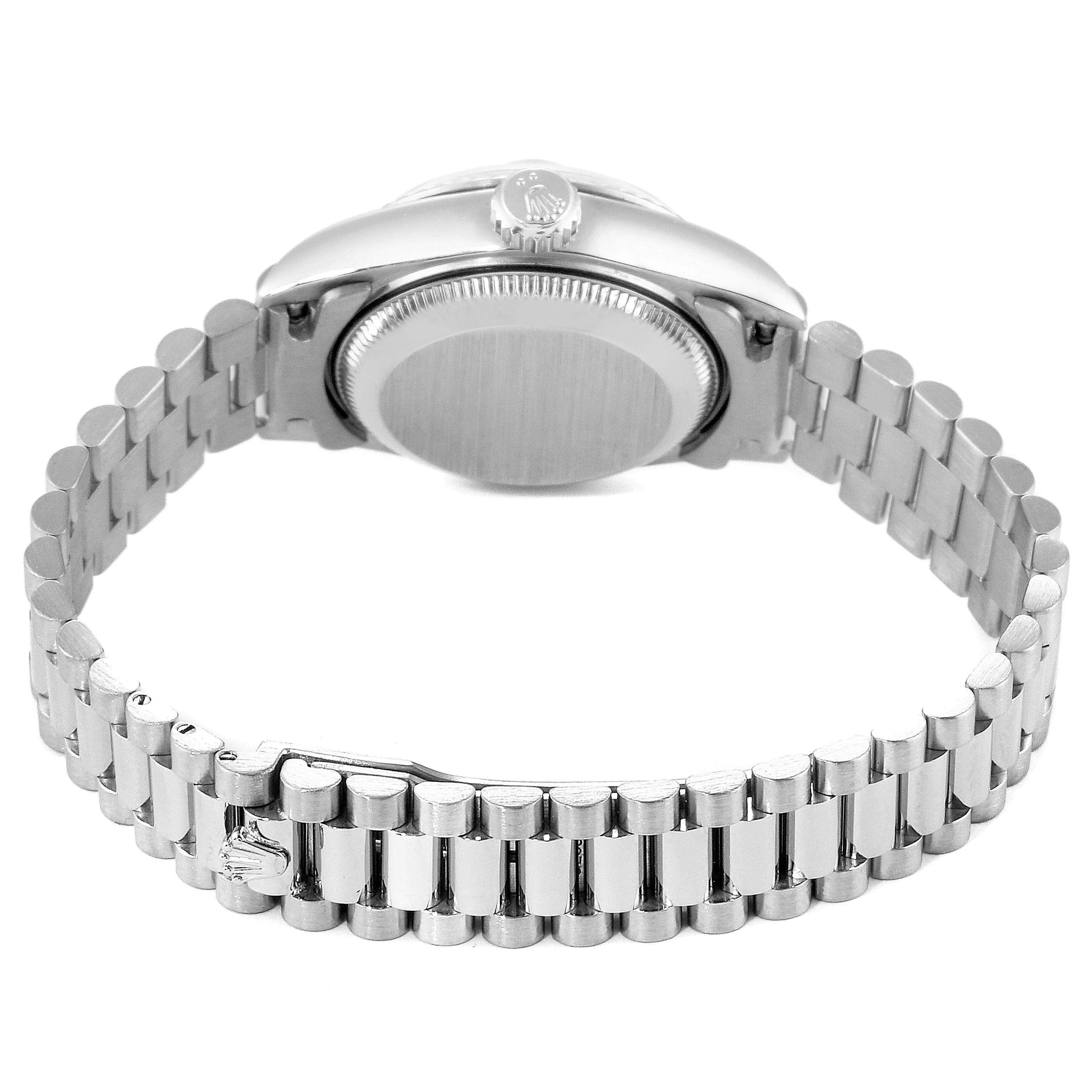 This image shows the back case and bracelet of the Rolex President 69179 Women's White Gold Silver Dial 69179 Women's White Gold Silver Dial watch model from a rear angle.
