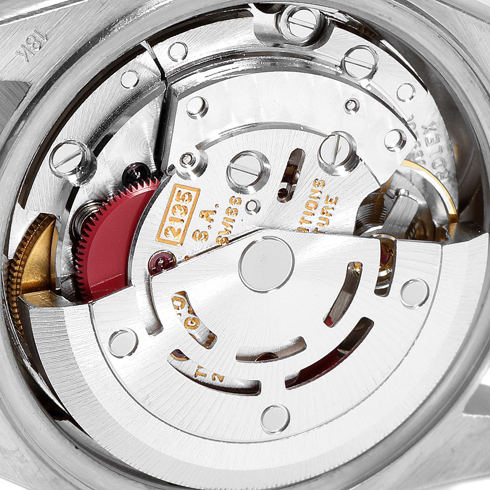 This image shows the intricate movement and internal mechanism of a Rolex President 69179 Women's White Gold Silver Dial 69179 Women's White Gold Silver Dial model watch, viewed from the back.
