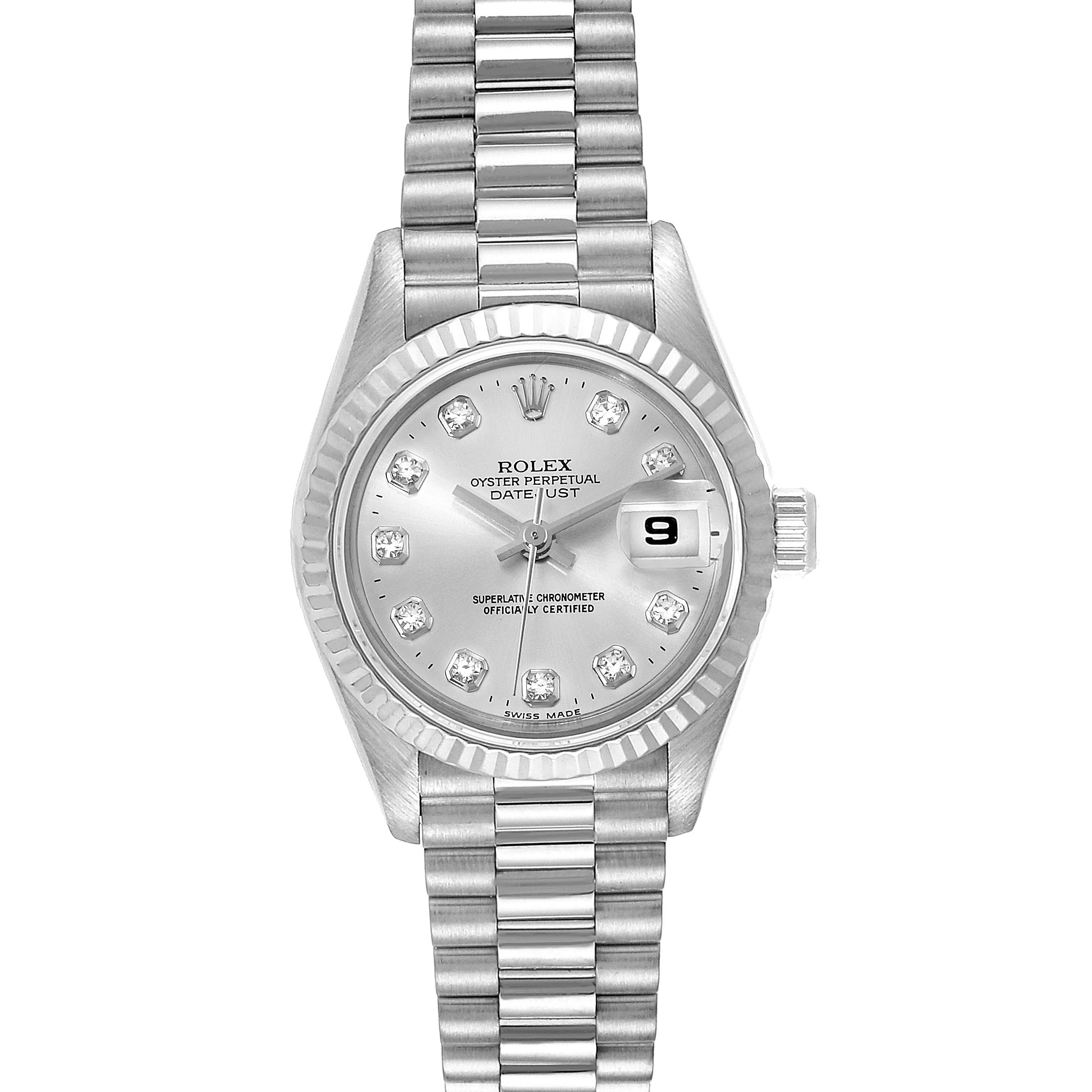 The image shows a front view of a President model by Rolex, displaying the dial, bracelet, and bezel.