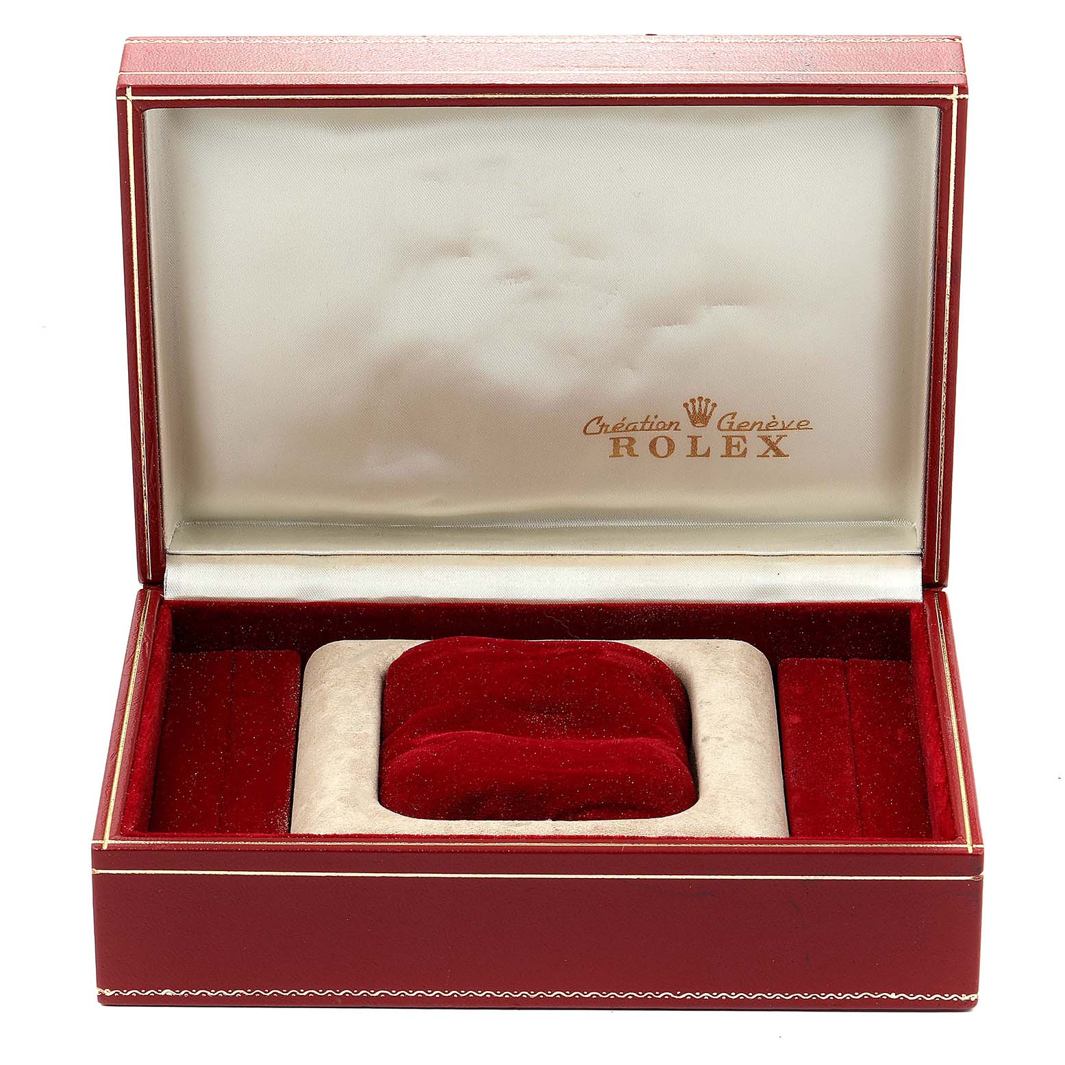 The image shows an open red Rolex President 69179 Women's White Gold Silver Dial 69179 Women's White Gold Silver Dial watch box from a straight-on angle, revealing the velvet interior and logo.