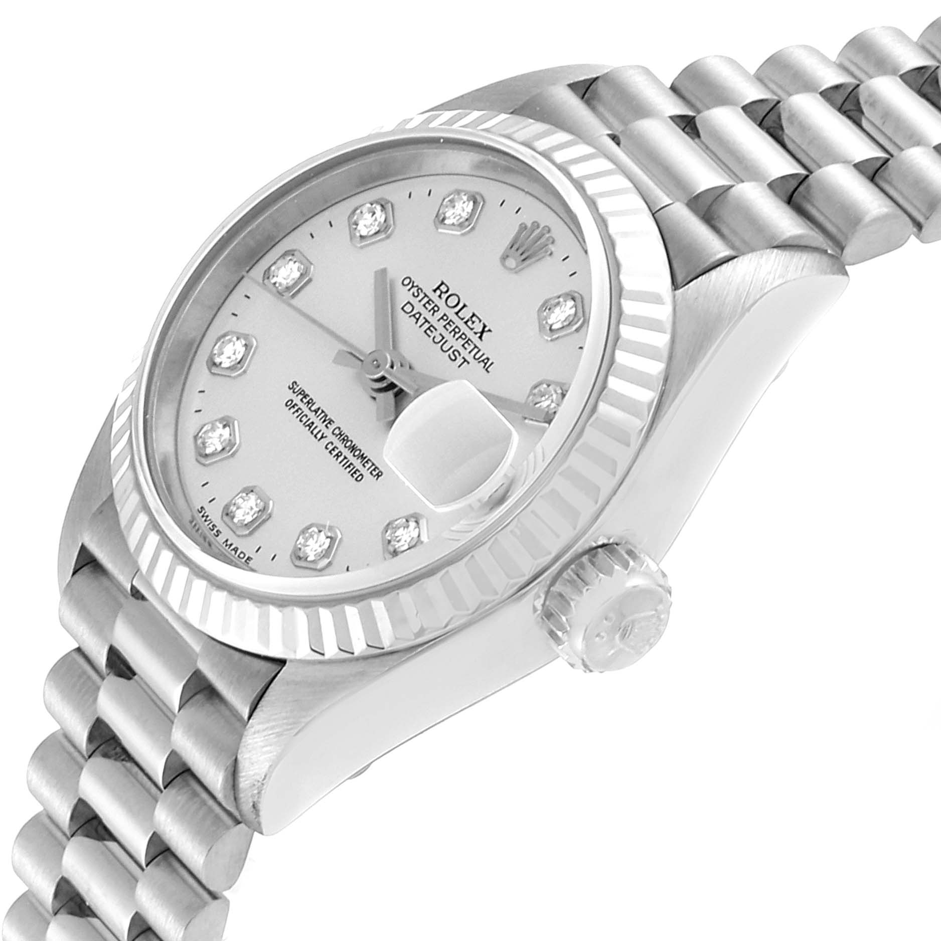 The Rolex President 69179 Women's White Gold Silver Dial 69179 Women's White Gold Silver Dial model watch shown at an angle highlights its face, crown, and part of the band.