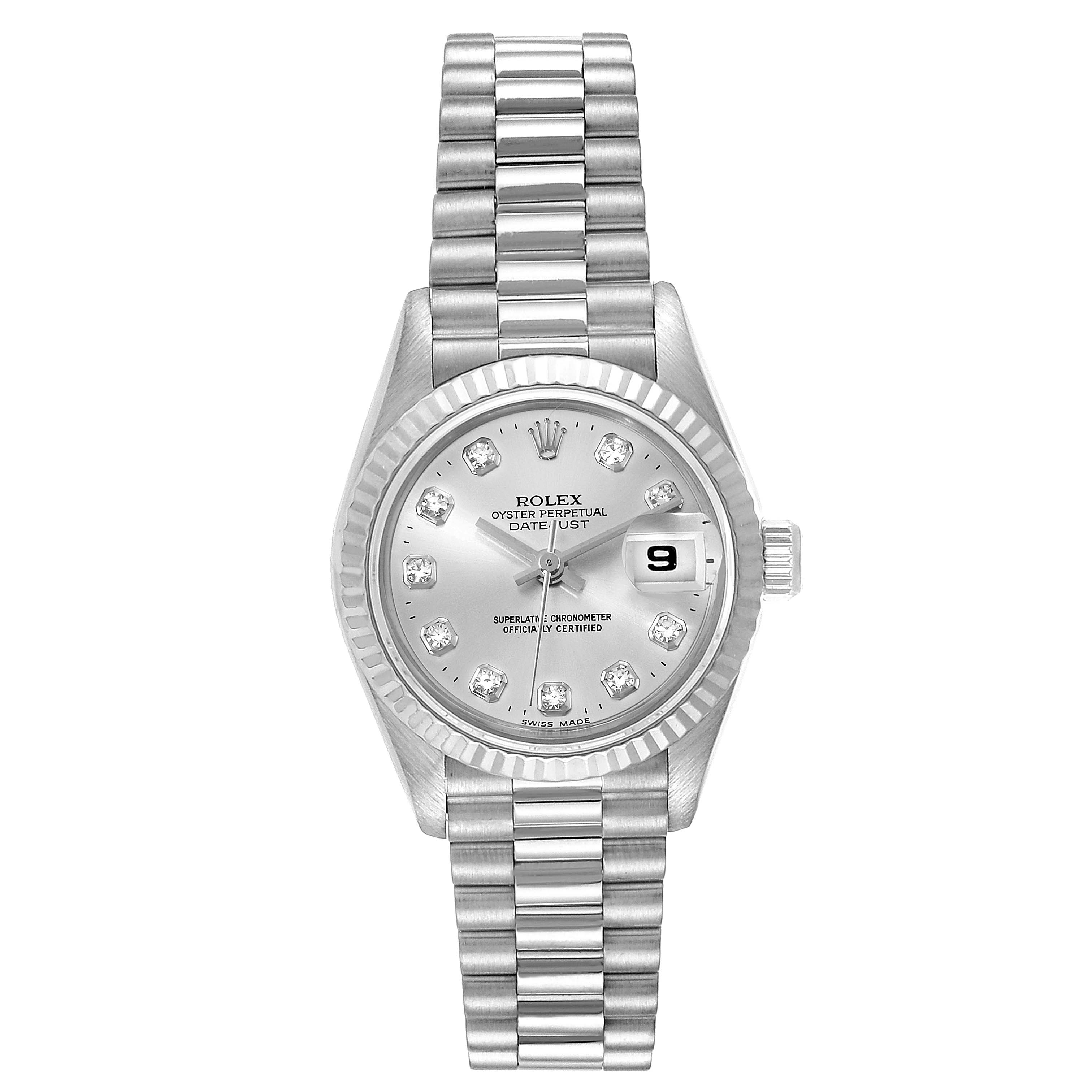 This image shows a frontal view of the Rolex President 69179 Women's White Gold Silver Dial 69179 Women's White Gold Silver Dial model watch, highlighting its bracelet, dial, hands, and date feature.