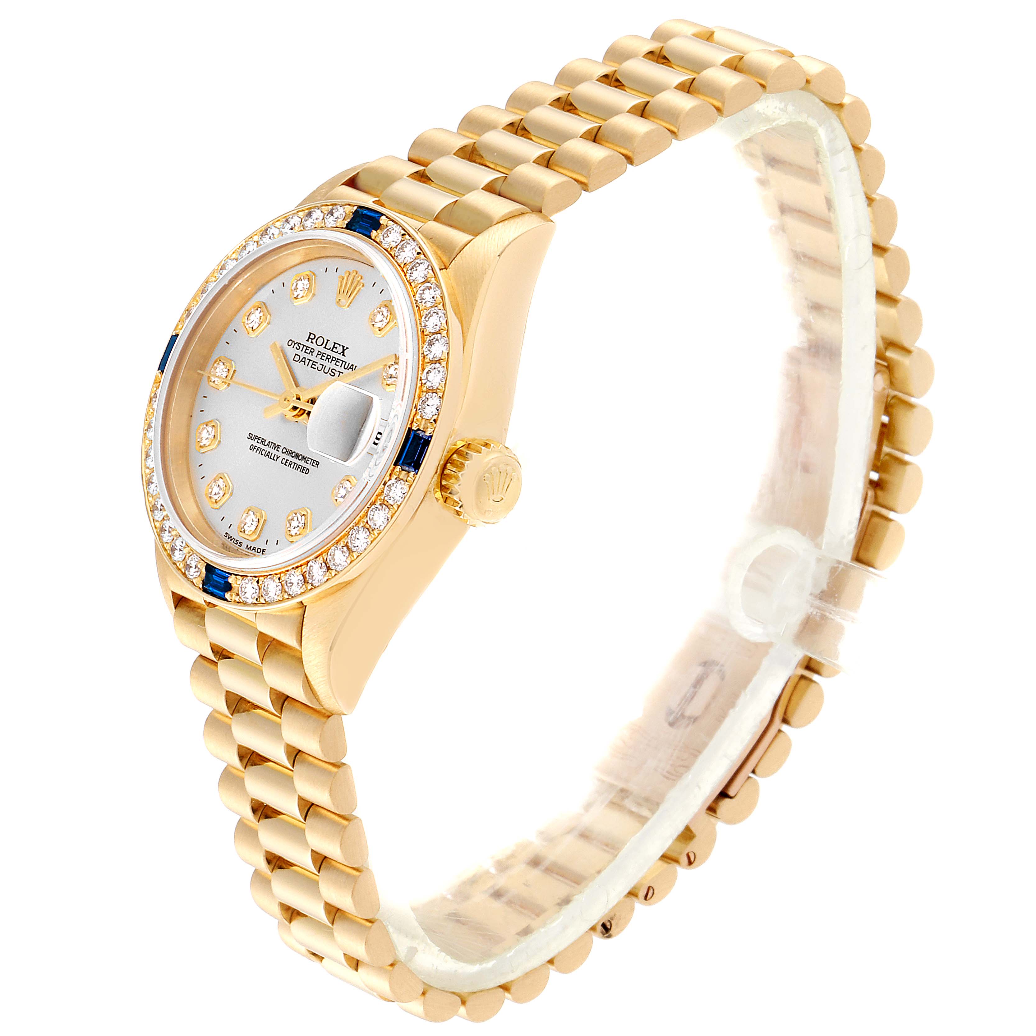 The image shows a Rolex President 79088 Women
s Yellow Gold Silver Dial 79088 Women
s Yellow Gold Silver Dial watch at a slight angle, highlighting the gold bracelet, crown, and diamond-encrusted bezel.