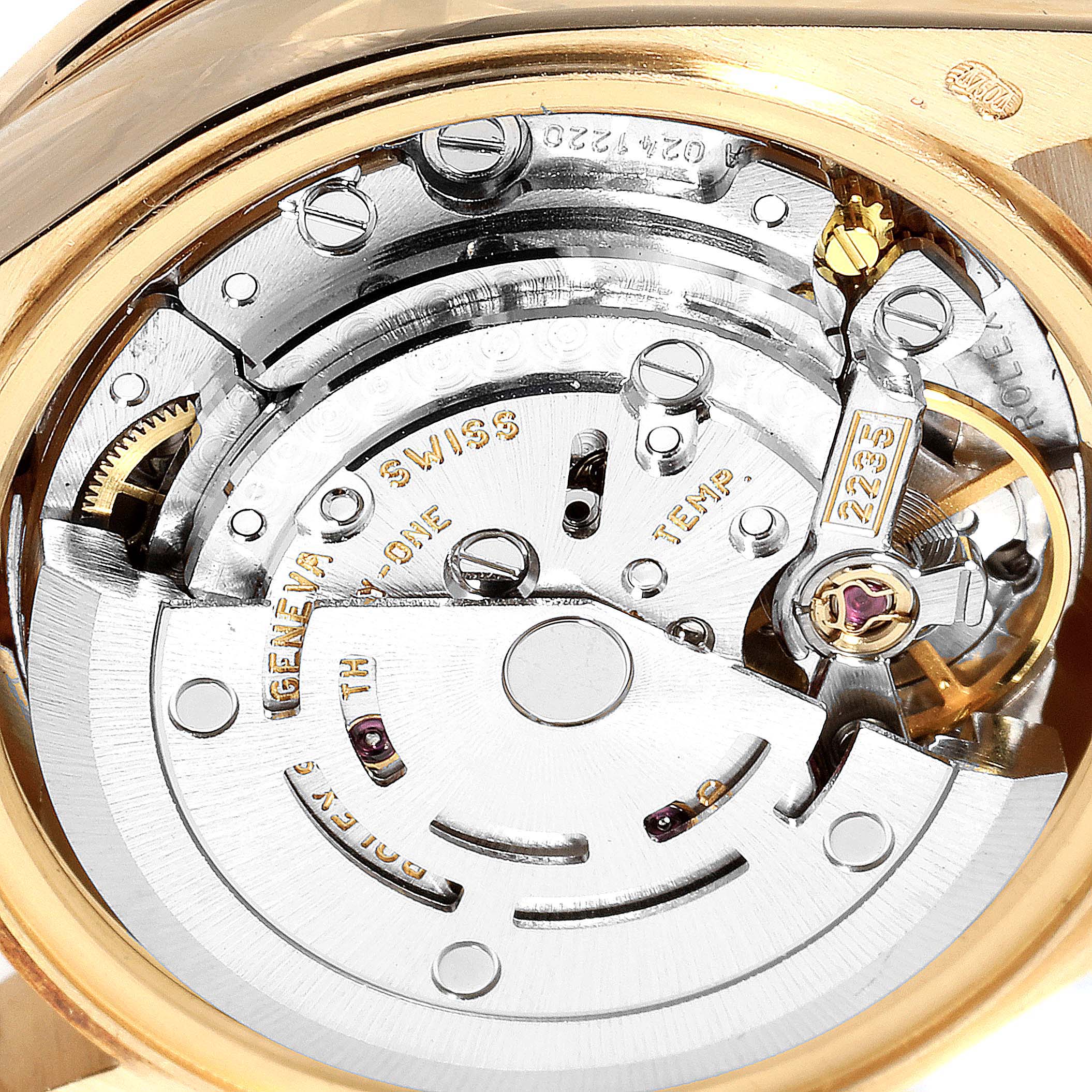 This image shows a close-up view of the Rolex President 79088 Women
s Yellow Gold Silver Dial 79088 Women
s Yellow Gold Silver Dial watch
s movement and internal mechanical parts.