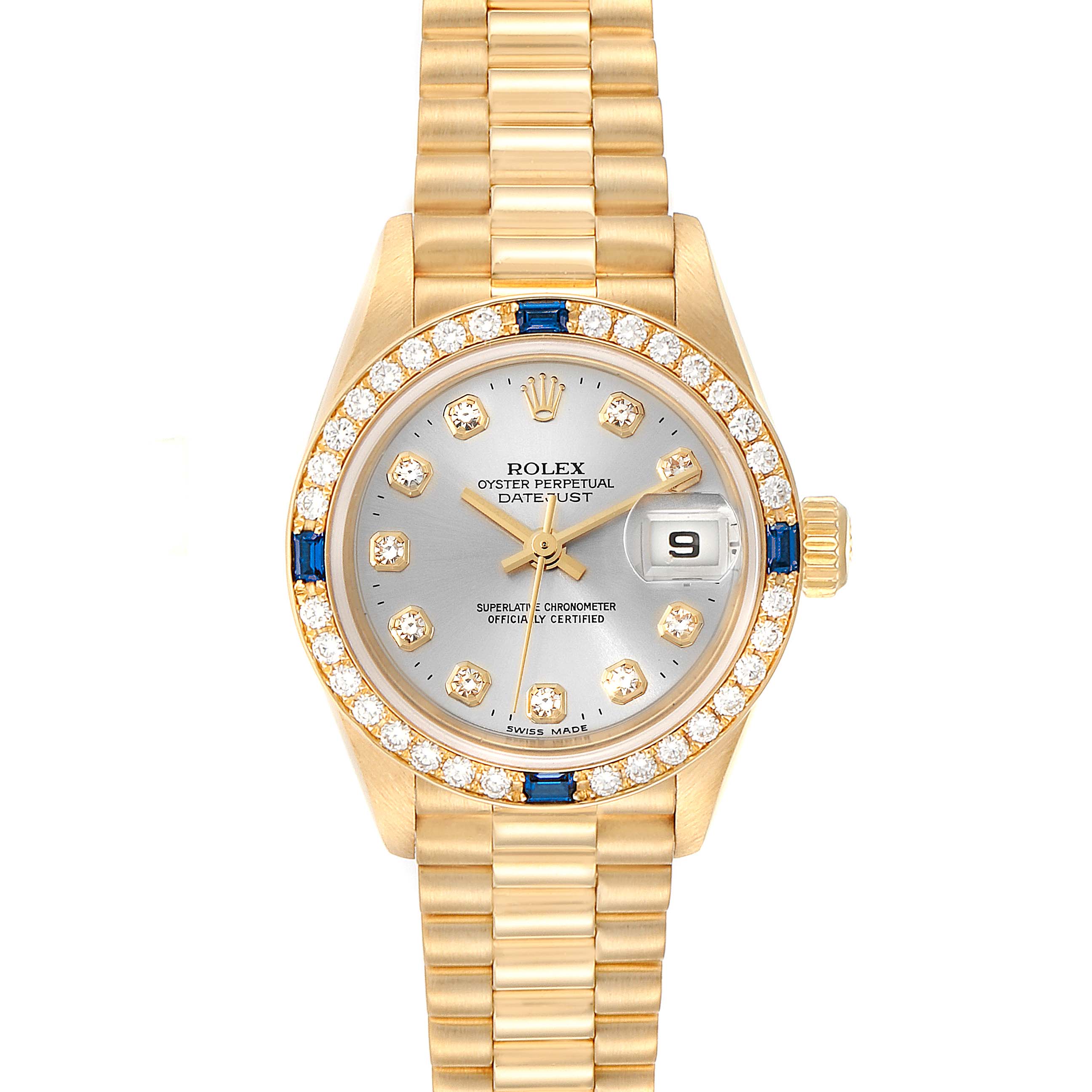 This Rolex President 79088 Women
s Yellow Gold Silver Dial 79088 Women
s Yellow Gold Silver Dial model watch is shown from the front, displaying the dial, bezel, hands, date window, and bracelet.