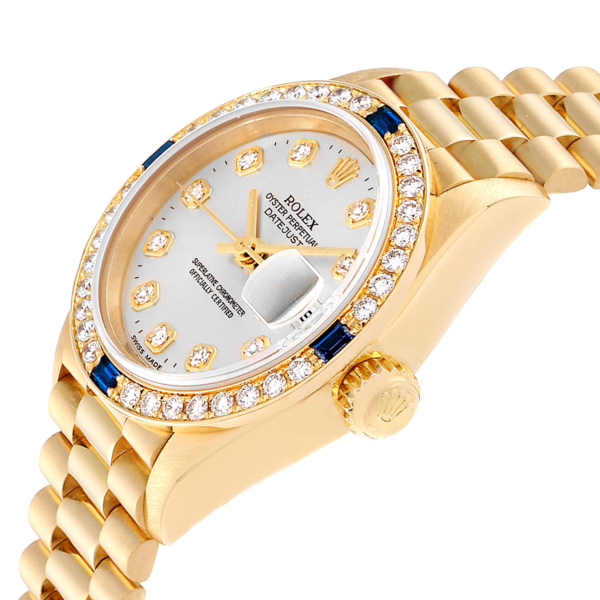 This image shows a side angle of a Rolex President 79088 Women
s Yellow Gold Silver Dial 79088 Women
s Yellow Gold Silver Dial model watch featuring its face, bezel, crown, and part of the bracelet.