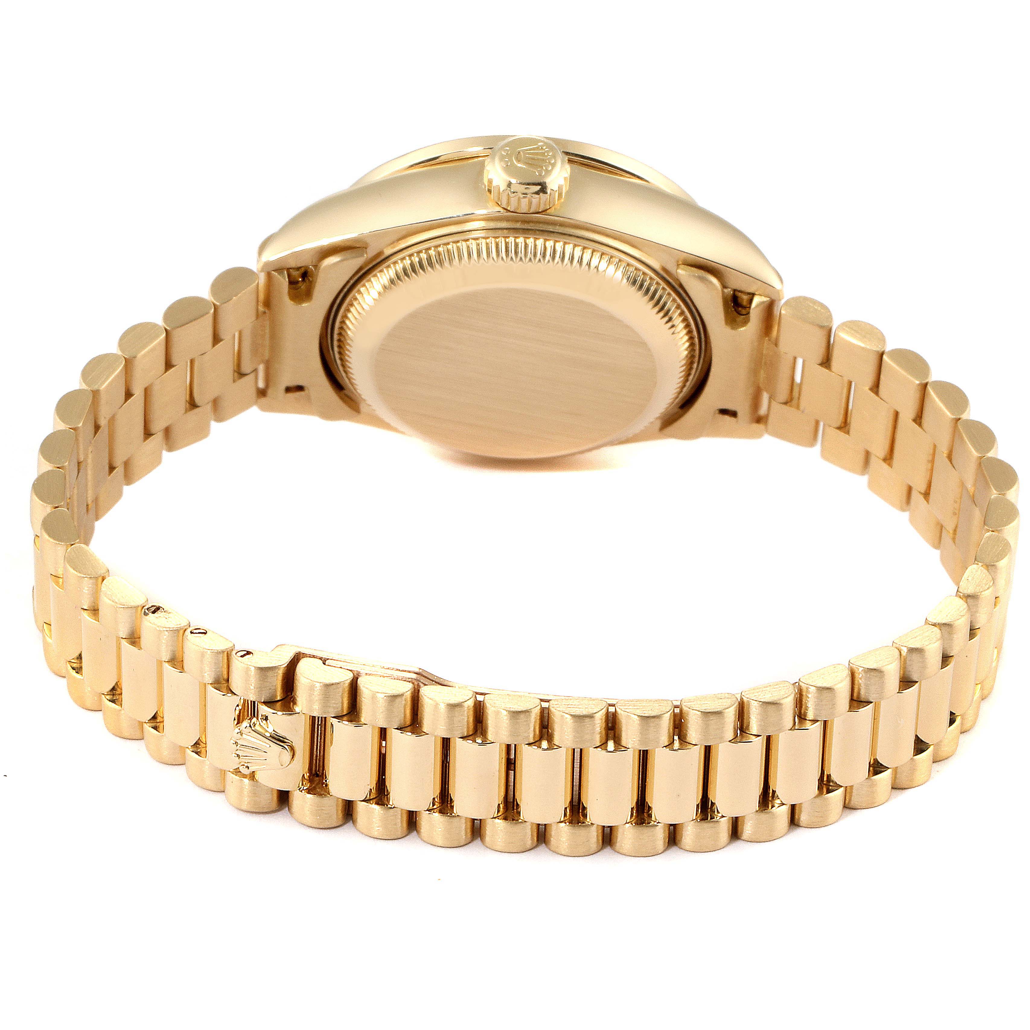 The image shows the back and bracelet of a Rolex President 79088 Women
s Yellow Gold Silver Dial 79088 Women
s Yellow Gold Silver Dial model watch, highlighting the clasp and crown.