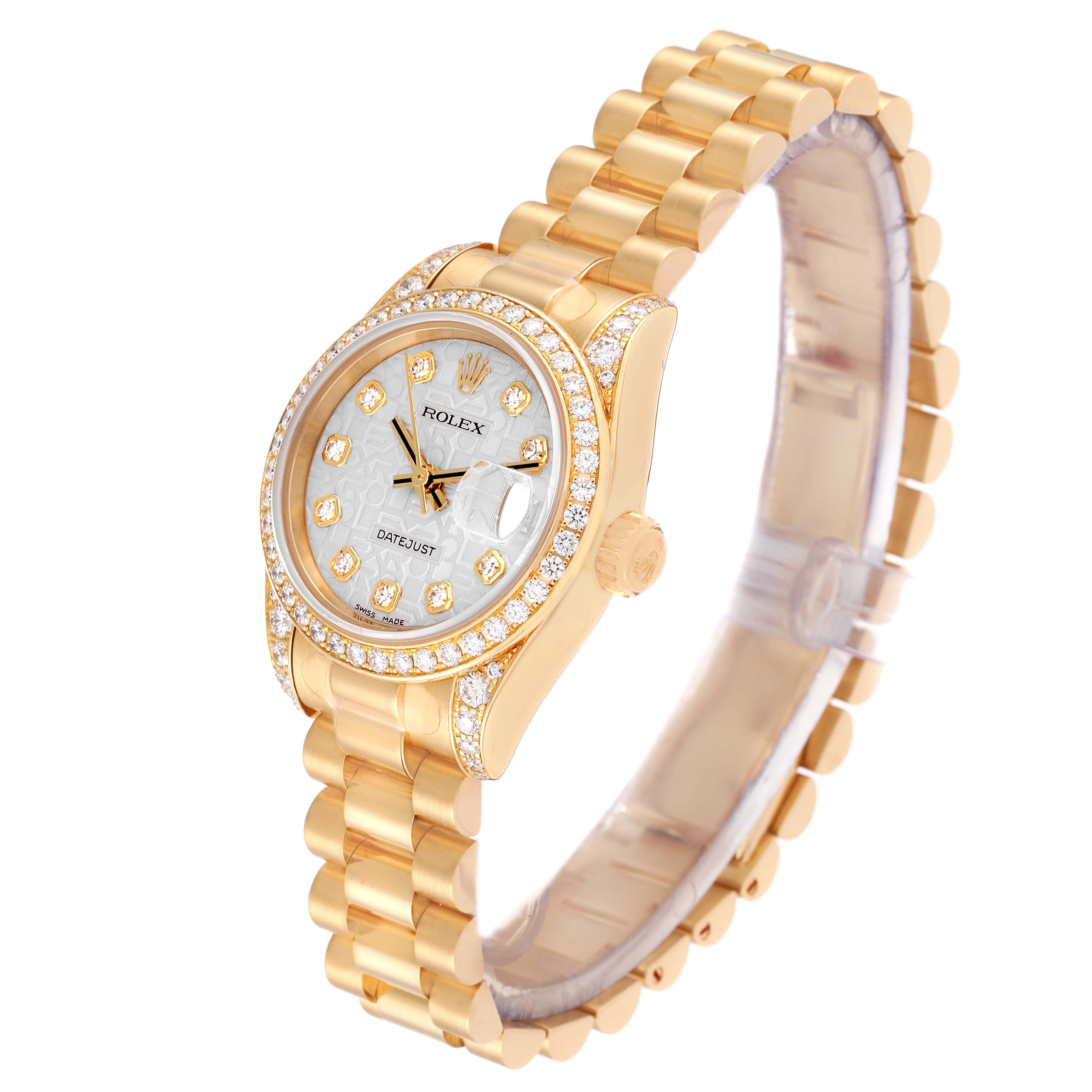 This image shows an angled view of the Rolex President 179158 Women's Yellow Gold Silver Dial 179158 Women's Yellow Gold Silver Dial model watch, featuring a gold bracelet and diamond-encrusted bezel.