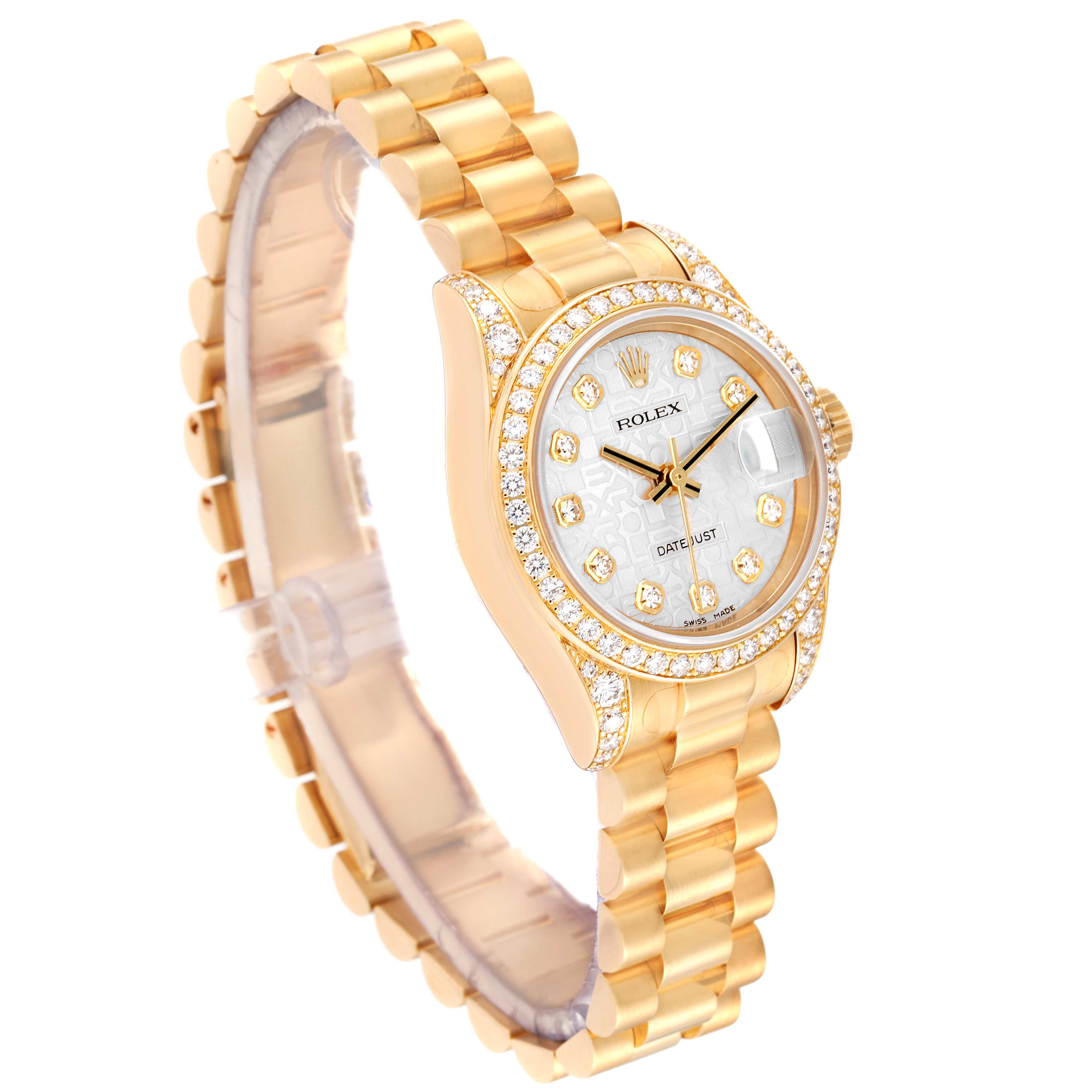 The image shows a side angle of a Rolex President 179158 Women's Yellow Gold Silver Dial 179158 Women's Yellow Gold Silver Dial model watch, highlighting its gold bracelet, diamond bezel, and dial.