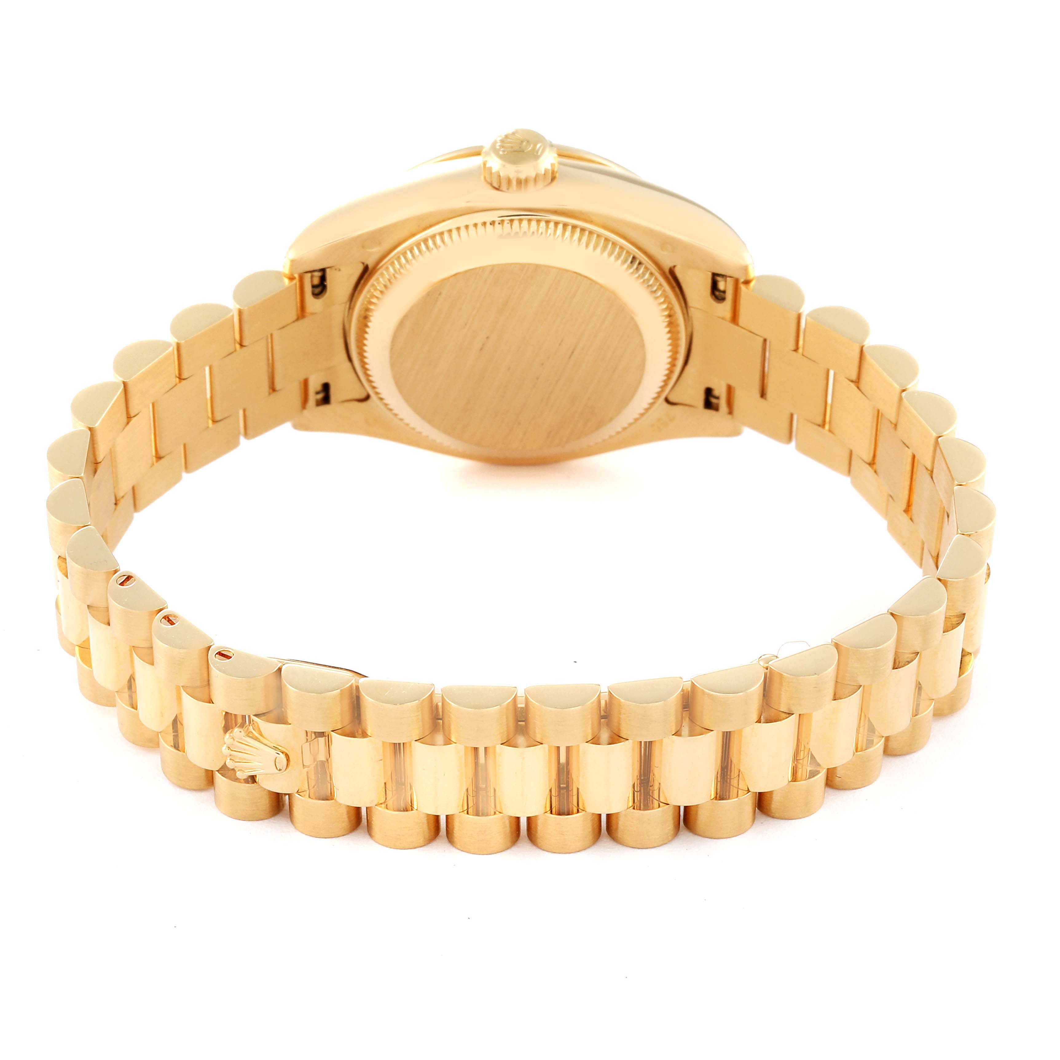 The image shows the back view of a gold Rolex President 179158 Women's Yellow Gold Silver Dial 179158 Women's Yellow Gold Silver Dial model watch, highlighting its caseback and bracelet.