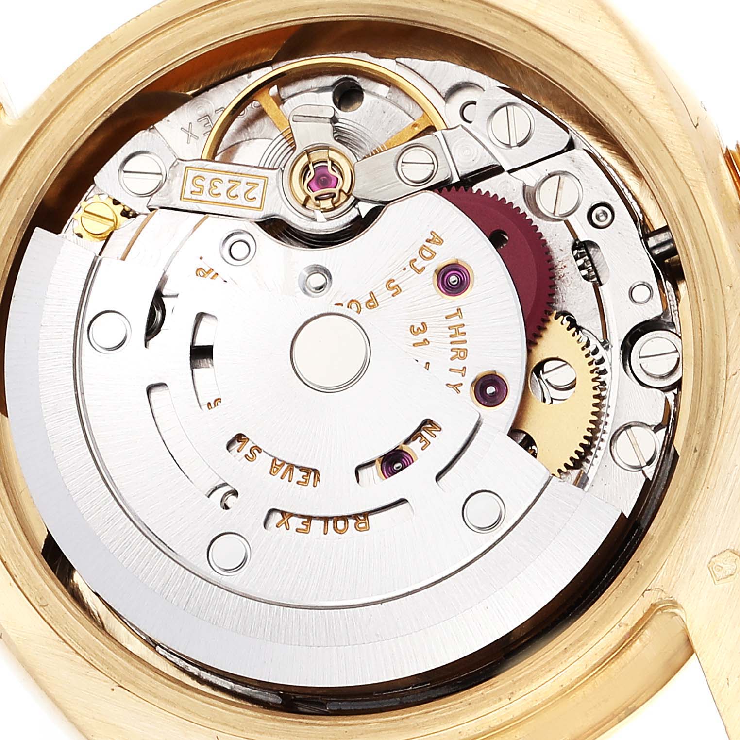 This is an inside view of the Rolex President 179158 Women's Yellow Gold Silver Dial 179158 Women's Yellow Gold Silver Dial model, showcasing its intricate mechanical movement components.