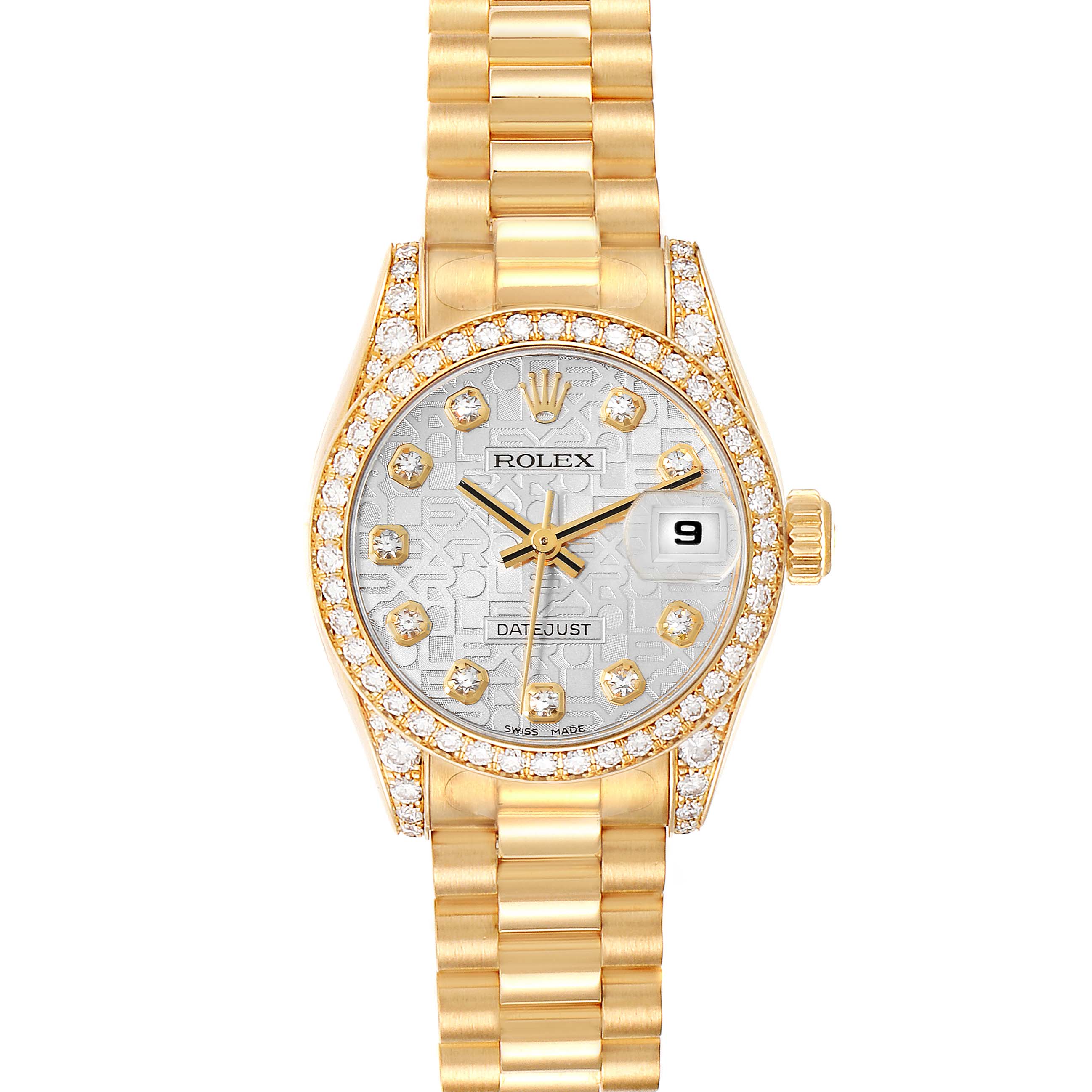 The image shows a frontal view of a Rolex President 179158 Women's Yellow Gold Silver Dial 179158 Women's Yellow Gold Silver Dial model watch with a gold band, diamond bezel, and date display.