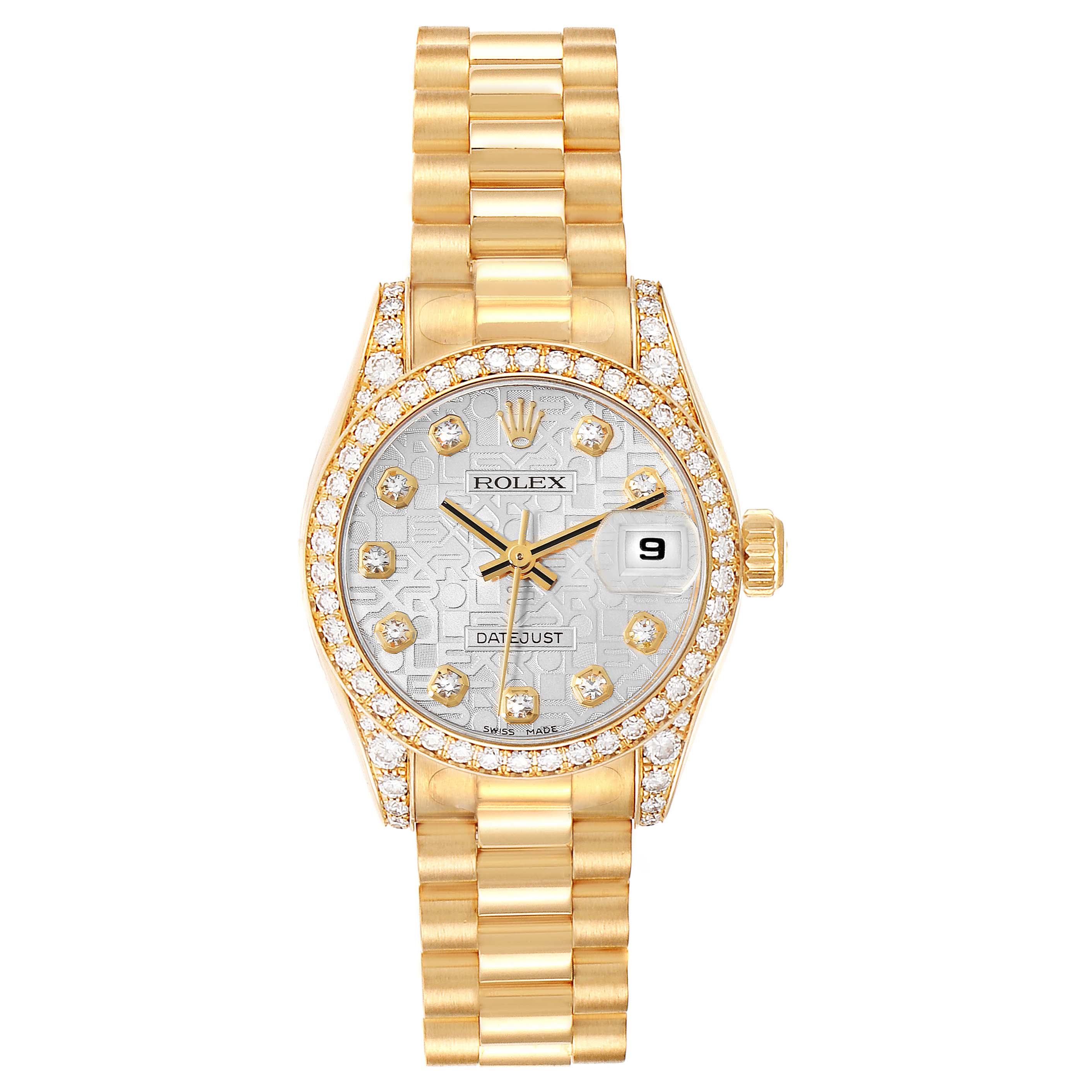 The image shows a front view of the Rolex President 179158 Women's Yellow Gold Silver Dial 179158 Women's Yellow Gold Silver Dial watch, highlighting its gold bracelet and diamond-encrusted bezel and dial.