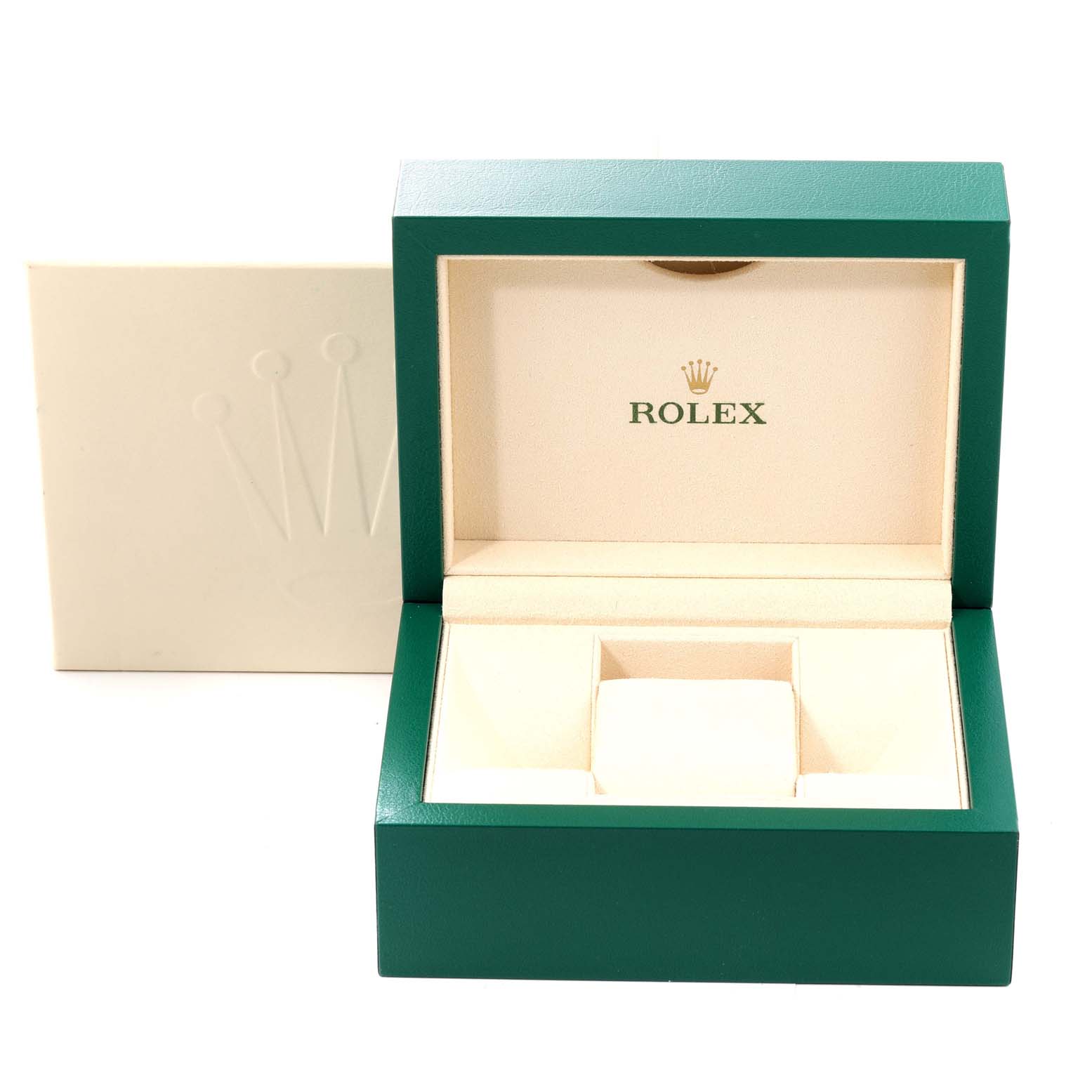 The image displays an open green Rolex President 179158 Women's Yellow Gold Silver Dial 179158 Women's Yellow Gold Silver Dial model watch box with the Rolex logo inside.