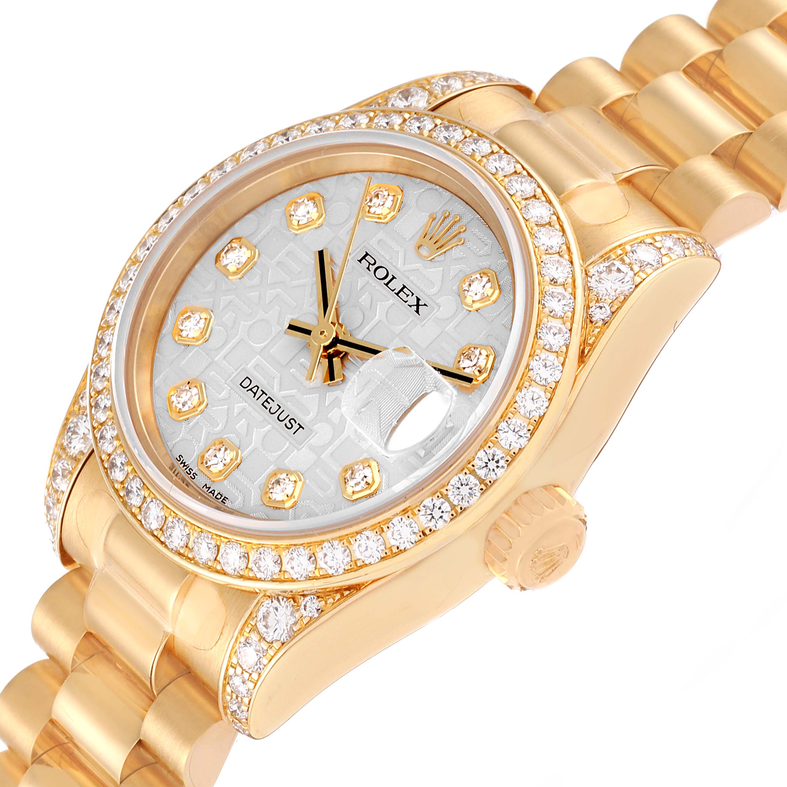 This image shows an angled view of the Rolex President 179158 Women's Yellow Gold Silver Dial 179158 Women's Yellow Gold Silver Dial model watch, highlighting its face, bezel, crown, and part of the bracelet.
