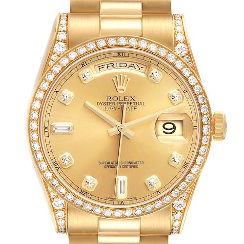 The image shows a front view of a Rolex President 118388 Men's Yellow Gold Champagne Dial watch, highlighting the diamond bezel, gold dial, and bracelet.