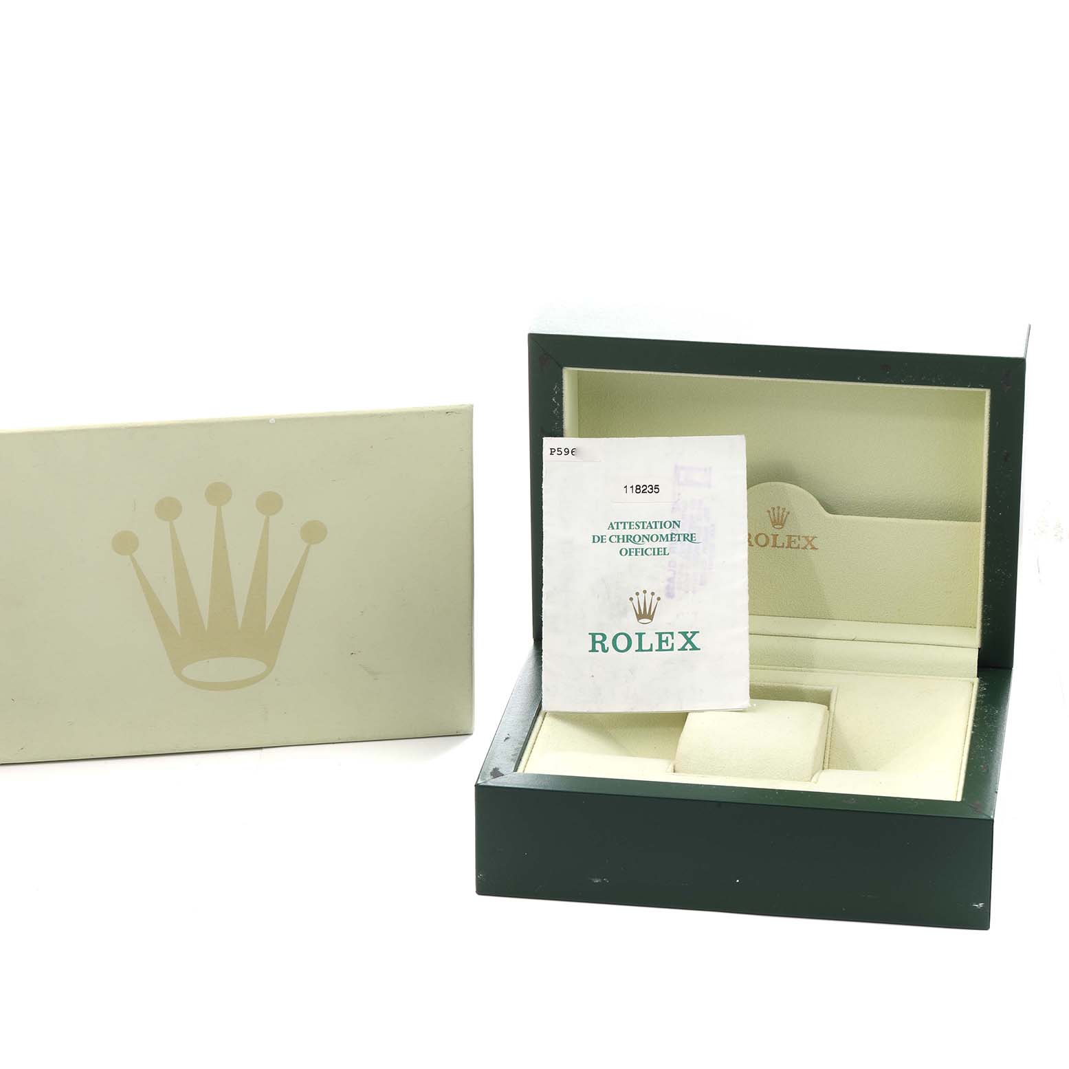 The image shows a Rolex Date 118235 Men
s Rose Gold Silver Dial model watch box at an angle, along with its certificate and inner packaging.