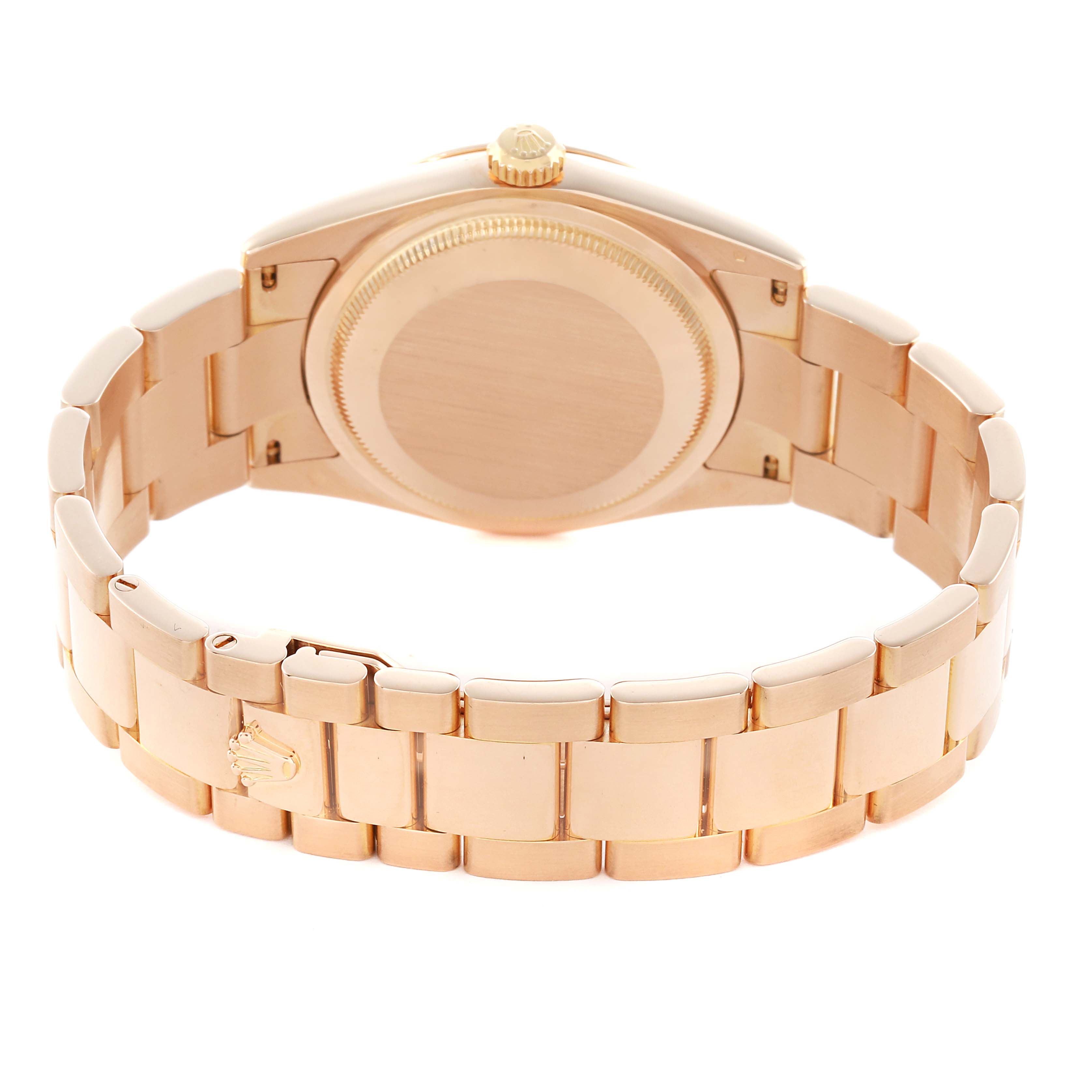 The Rolex Date 118235 Men
s Rose Gold Silver Dial model watch is shown from the back, highlighting the case, crown, and a gold oyster-style bracelet.