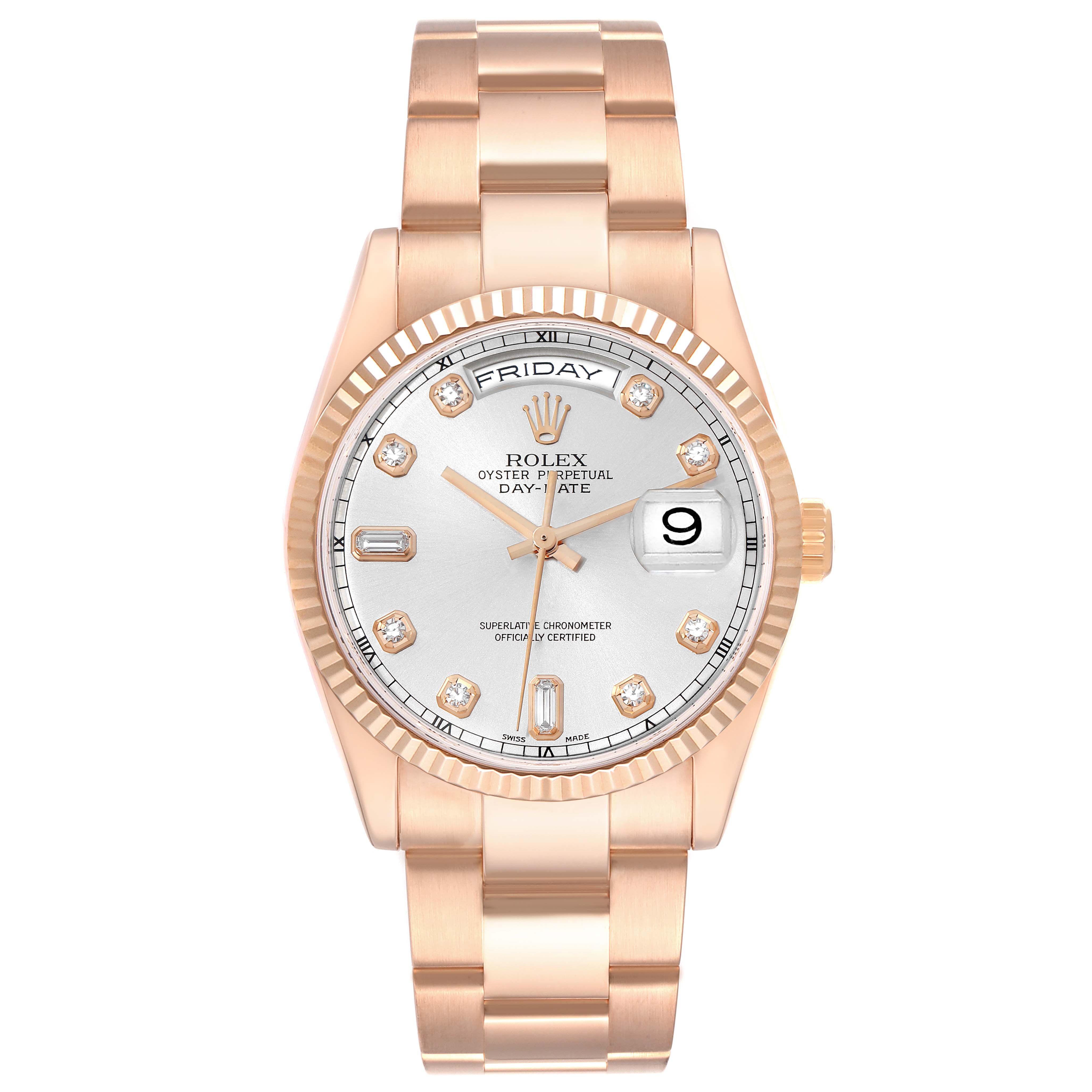 The Rolex Date 118235 Men
s Rose Gold Silver Dial model watch is shown from the front, highlighting its dial, bezel, and bracelet.