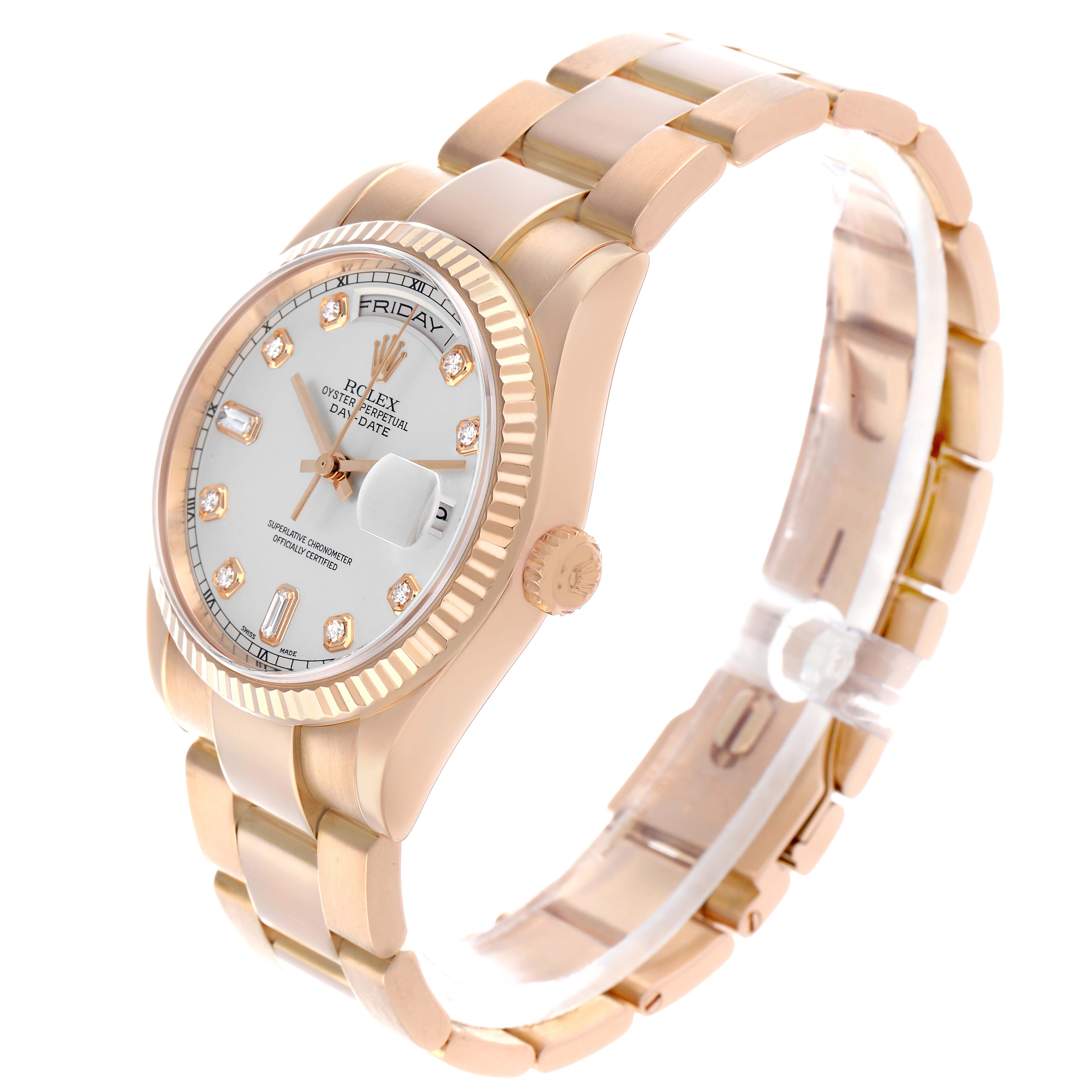 The Rolex Date 118235 Men
s Rose Gold Silver Dial watch is shown at an angle highlighting its face, bezel, bracelet, and part of the crown.