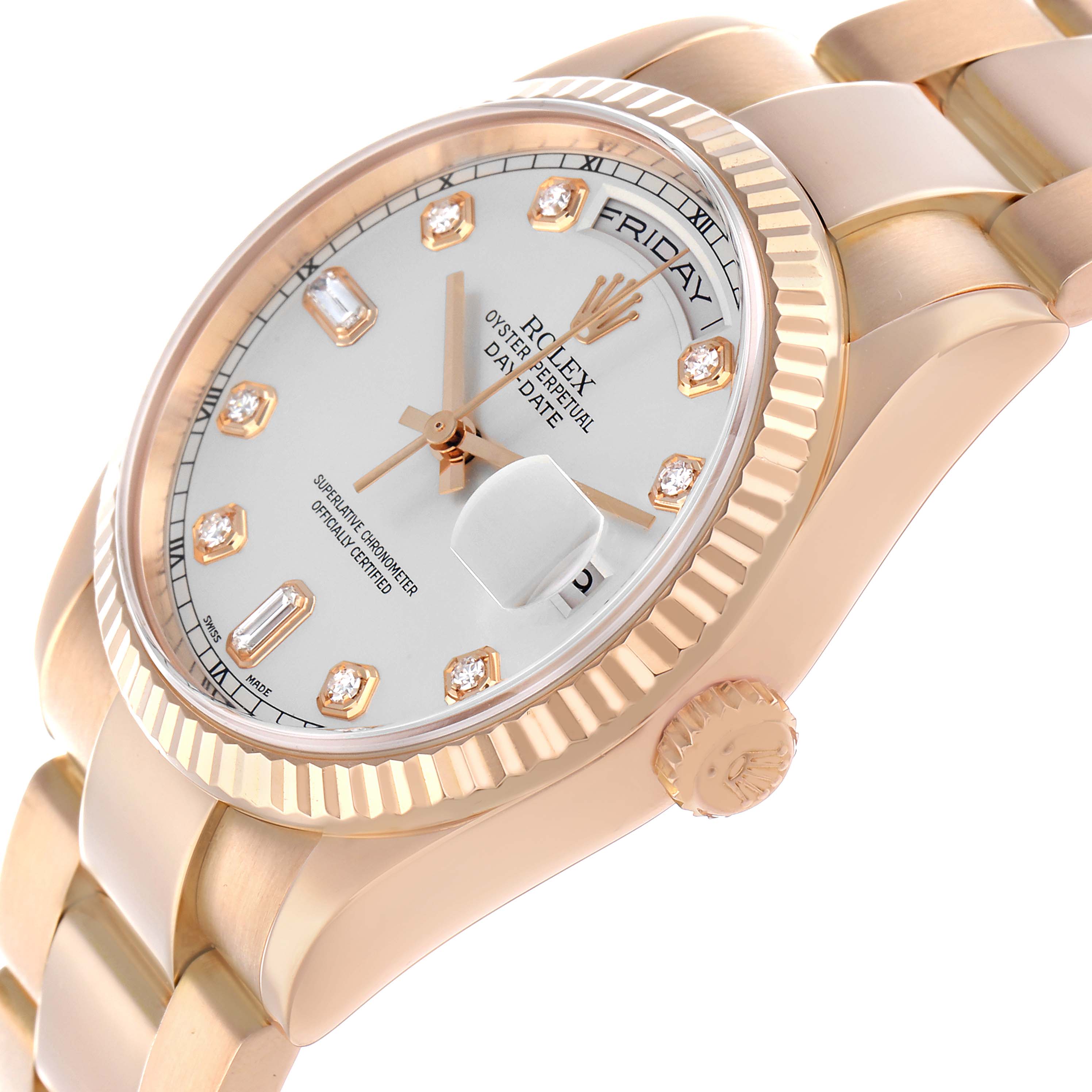The Rolex Date 118235 Men
s Rose Gold Silver Dial model is shown at an angle displaying its face, bezel, crown, and part of the bracelet.