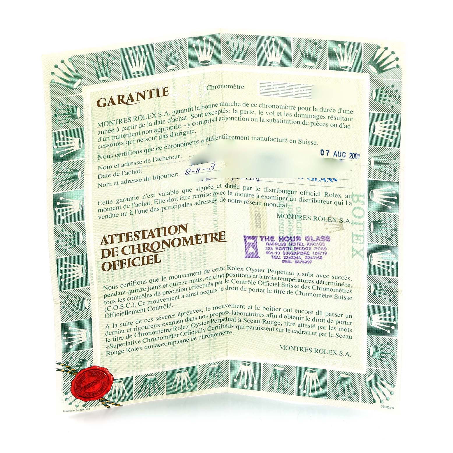 The image shows the warranty card for a Rolex Date 118235 Men
s Rose Gold Silver Dial model, featuring text and a warranty seal.