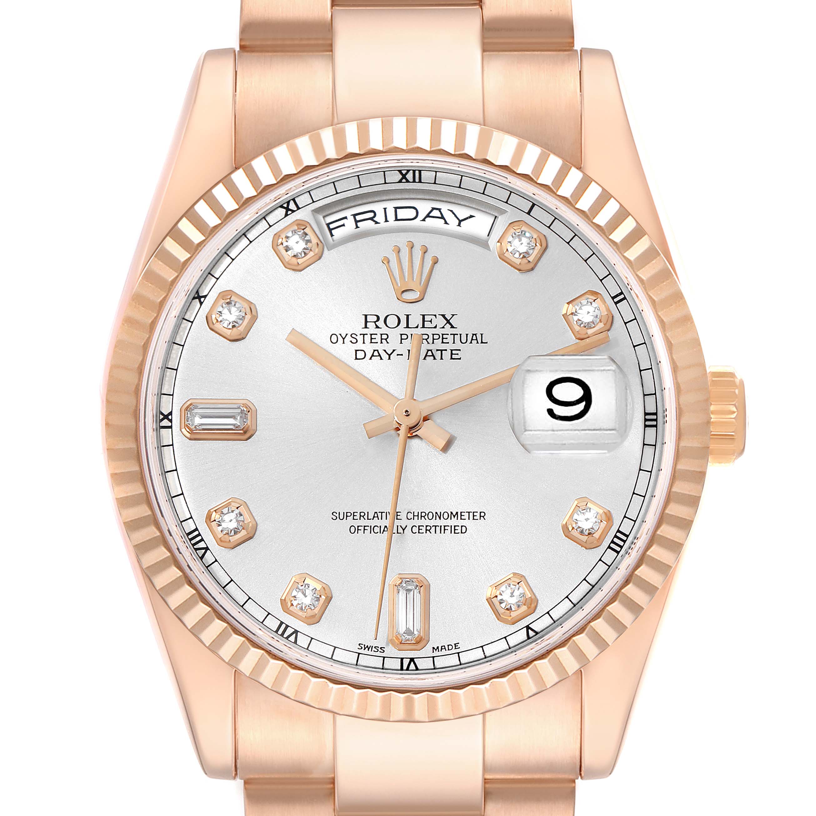 The Rolex Date 118235 Men
s Rose Gold Silver Dial model is shown from a front angle, displaying the dial, bezel, and part of the bracelet.