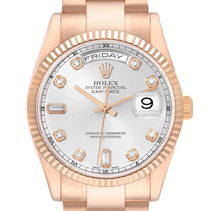 The Rolex Date 118235 Men's Rose Gold Silver Dial model is shown from a front angle, displaying the dial, bezel, and part of the bracelet.