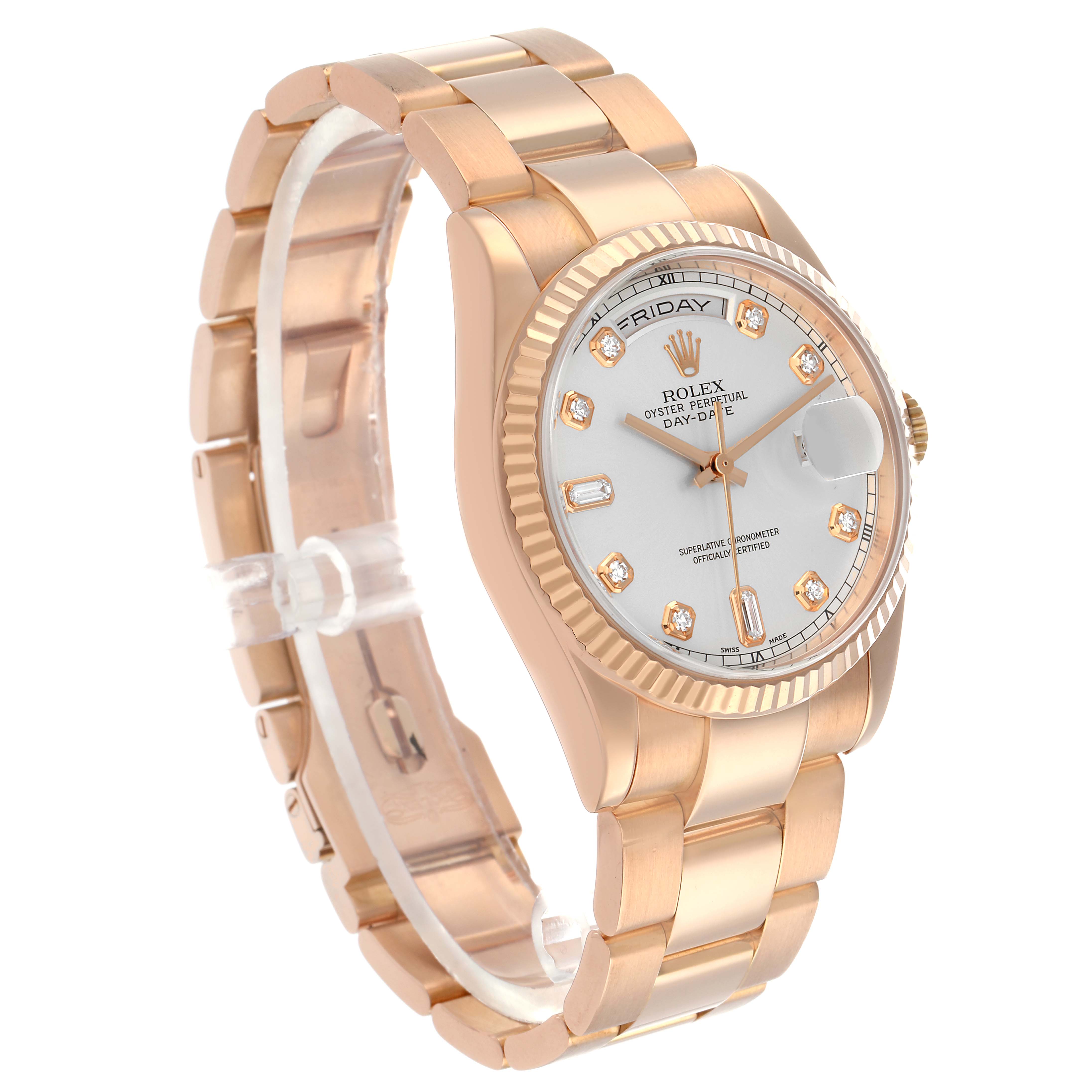 The Rolex Date 118235 Men
s Rose Gold Silver Dial model is shown at a three-quarter angle, displaying the bracelet, dial, bezel, and crown.