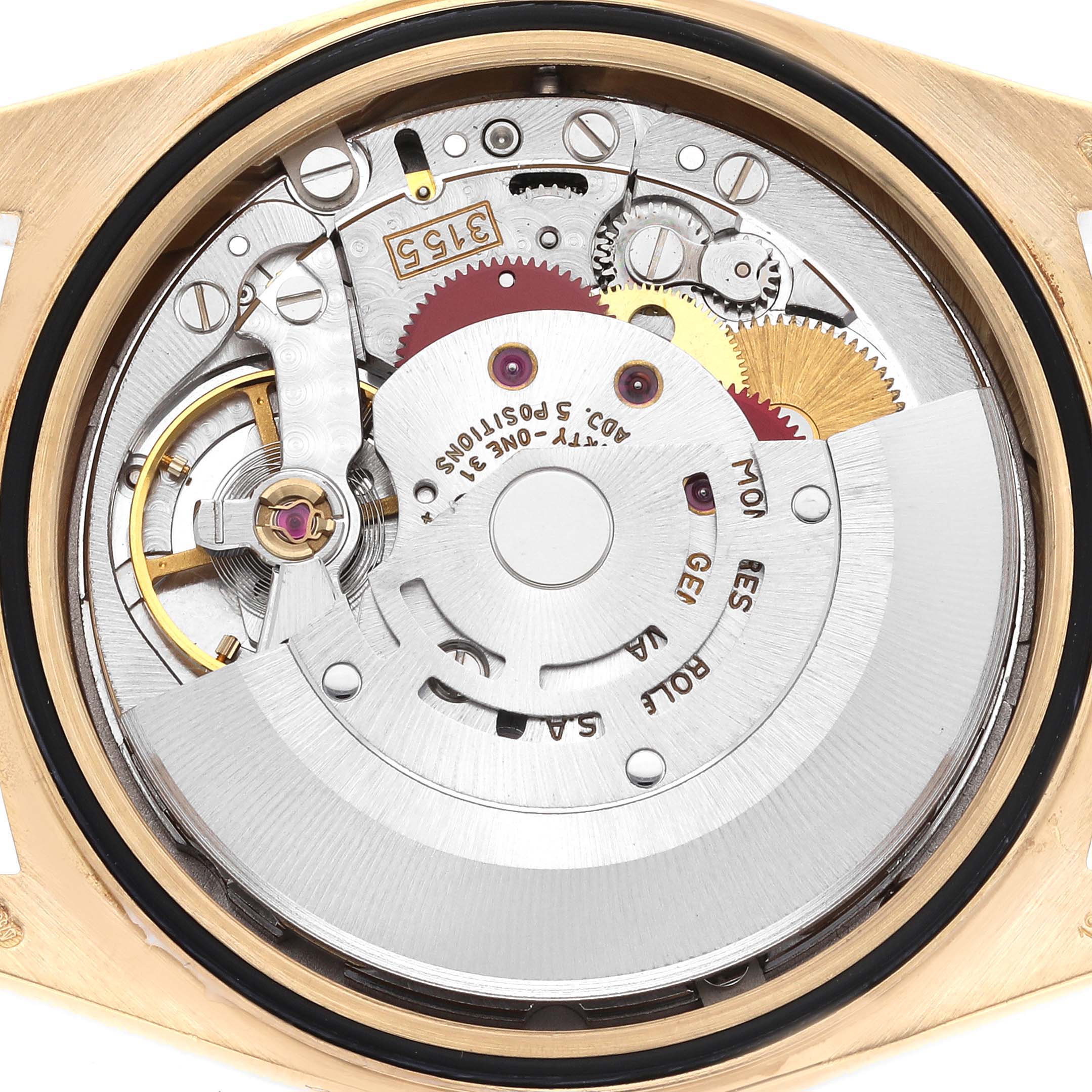 This is a close-up view of the inner mechanism of a Rolex President 18238 Men's Yellow Gold White Dial 18238 Men's Yellow Gold White Dial model watch.