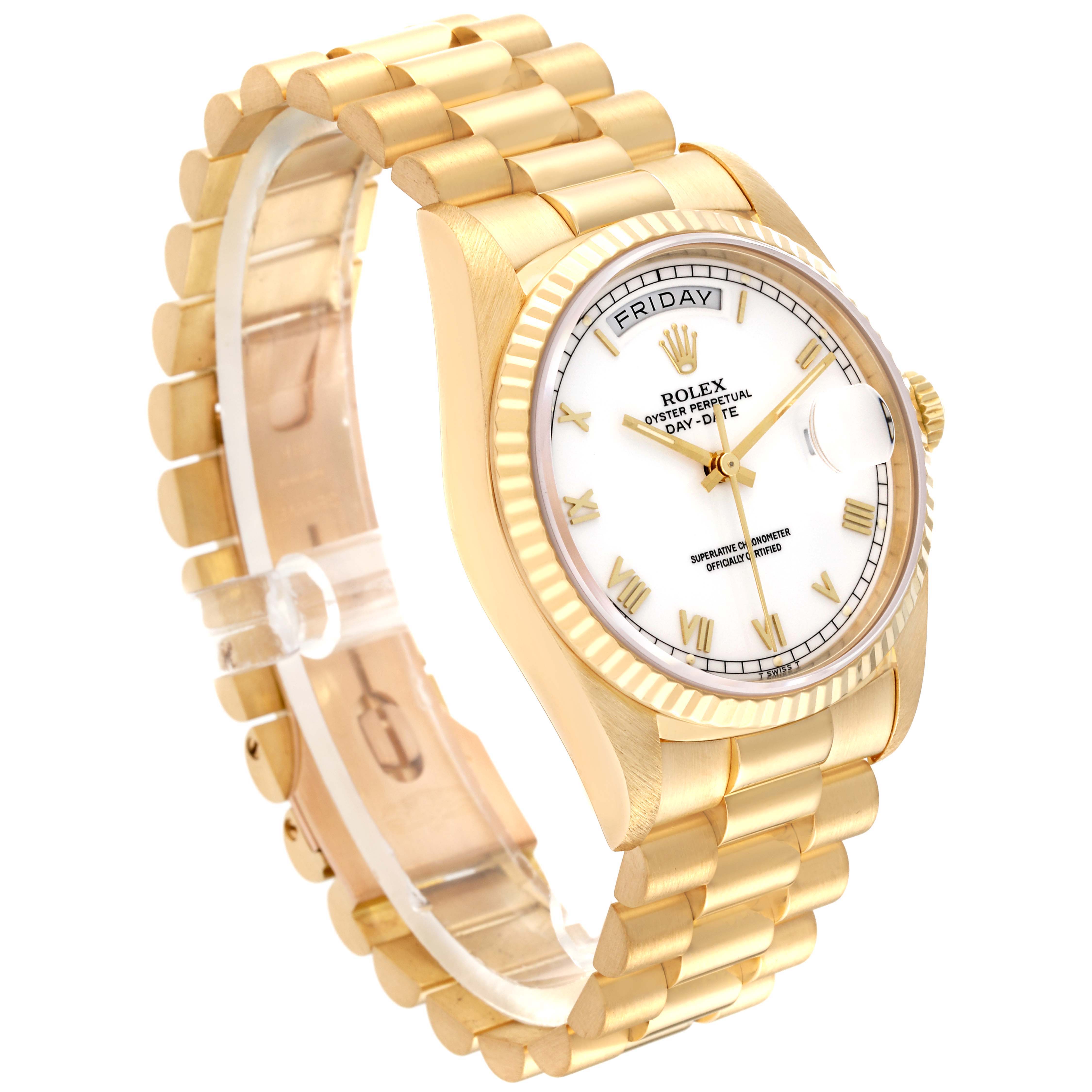 The image shows an angled view of a Rolex President 18238 Men's Yellow Gold White Dial 18238 Men's Yellow Gold White Dial model watch, highlighting its gold bracelet, bezel, and white dial with day and date features.