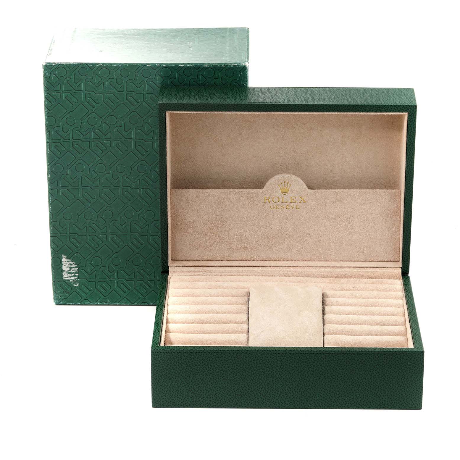 This image shows a green presentation box for the Rolex President 18238 Men's Yellow Gold White Dial 18238 Men's Yellow Gold White Dial model watch, viewed from an open angle.