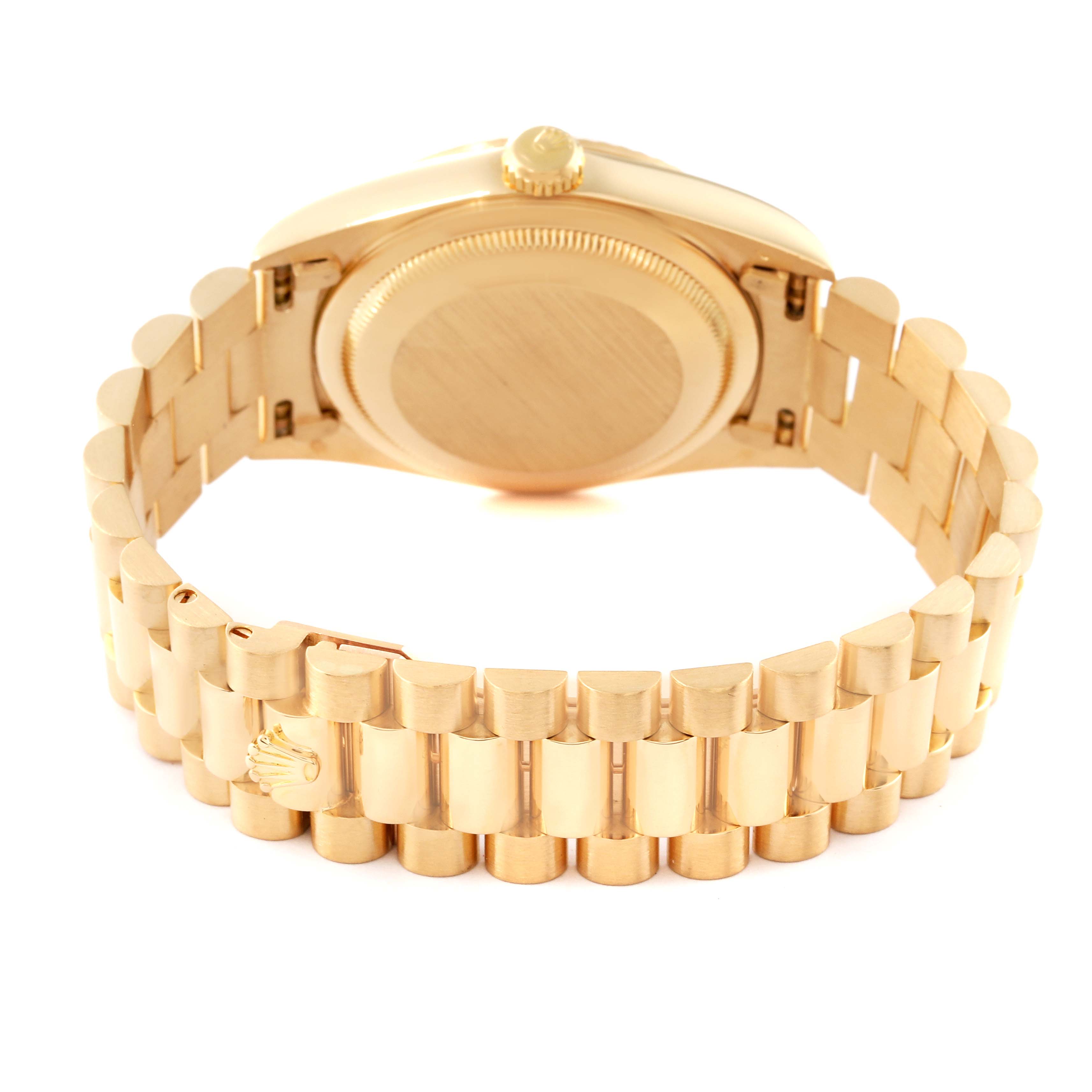 The image shows the back view of a Rolex President 18238 Men's Yellow Gold White Dial 18238 Men's Yellow Gold White Dial model watch, highlighting the case back and the bracelet.