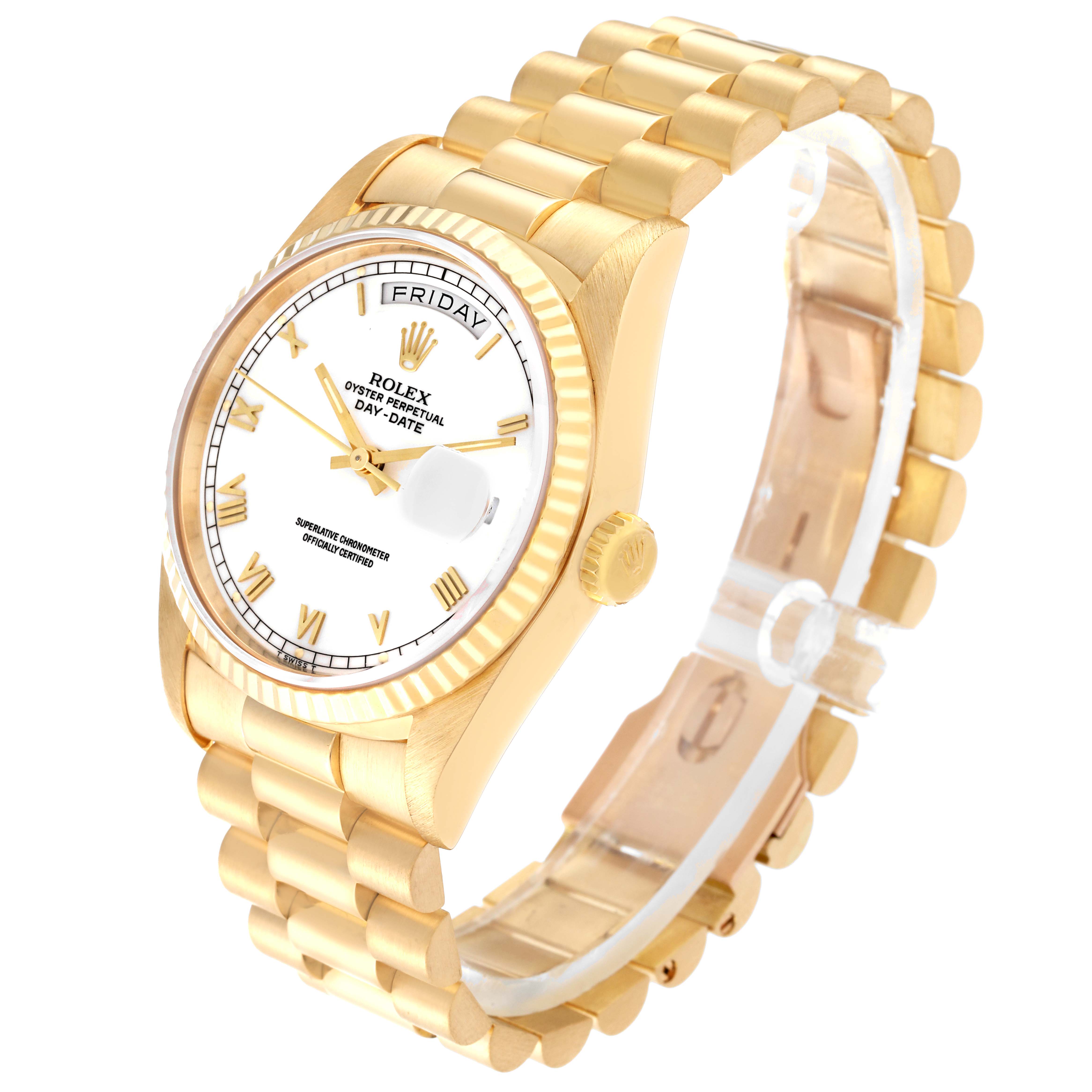 The image shows a side angle of a Rolex President 18238 Men's Yellow Gold White Dial 18238 Men's Yellow Gold White Dial model watch, highlighting the gold bracelet, bezel, crown, and dial with day and date displays.