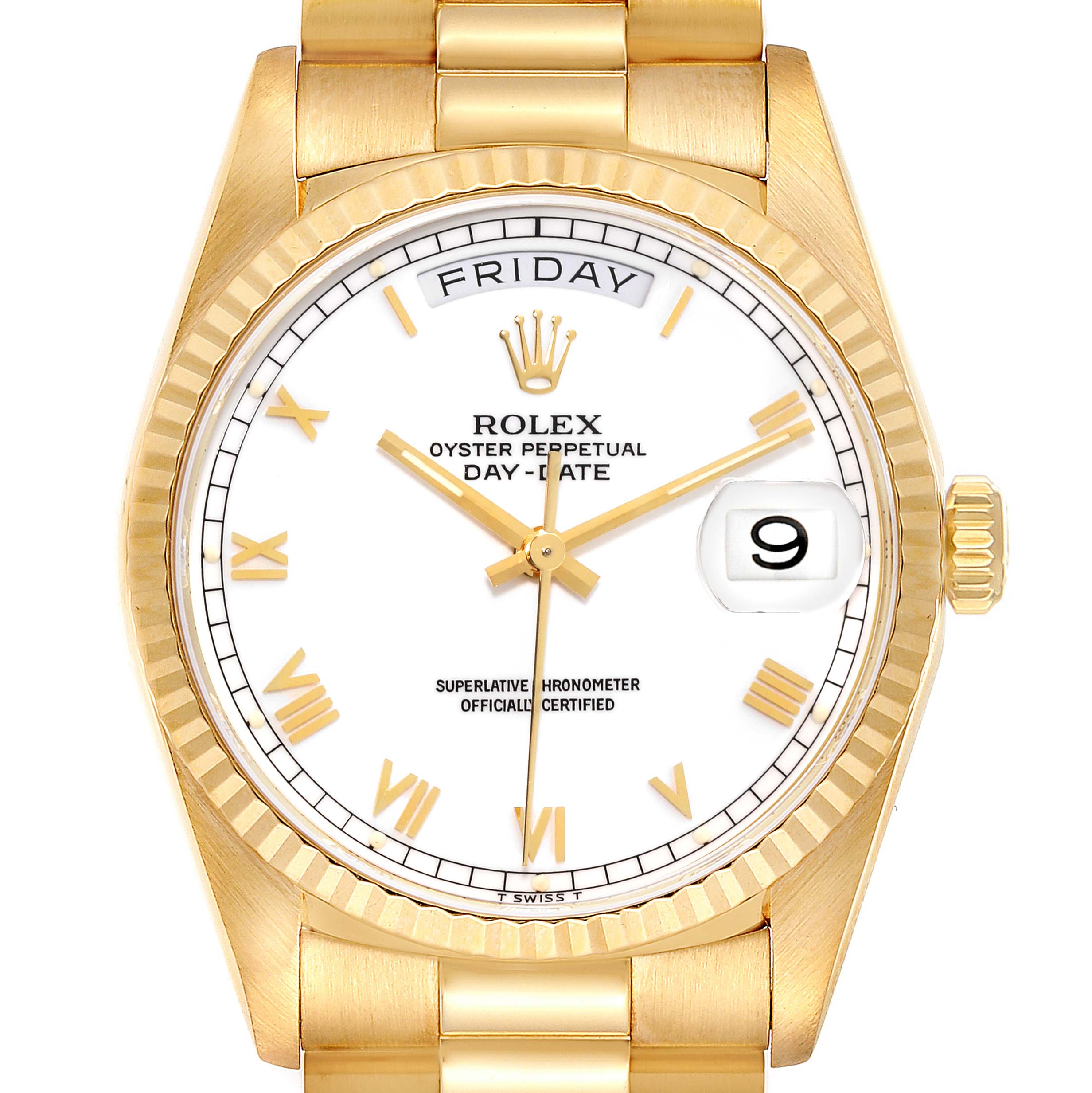 This image shows a frontal view of a Rolex President 18238 Men's Yellow Gold White Dial 18238 Men's Yellow Gold White Dial model watch, highlighting the dial, bracelet, bezel, and crown.