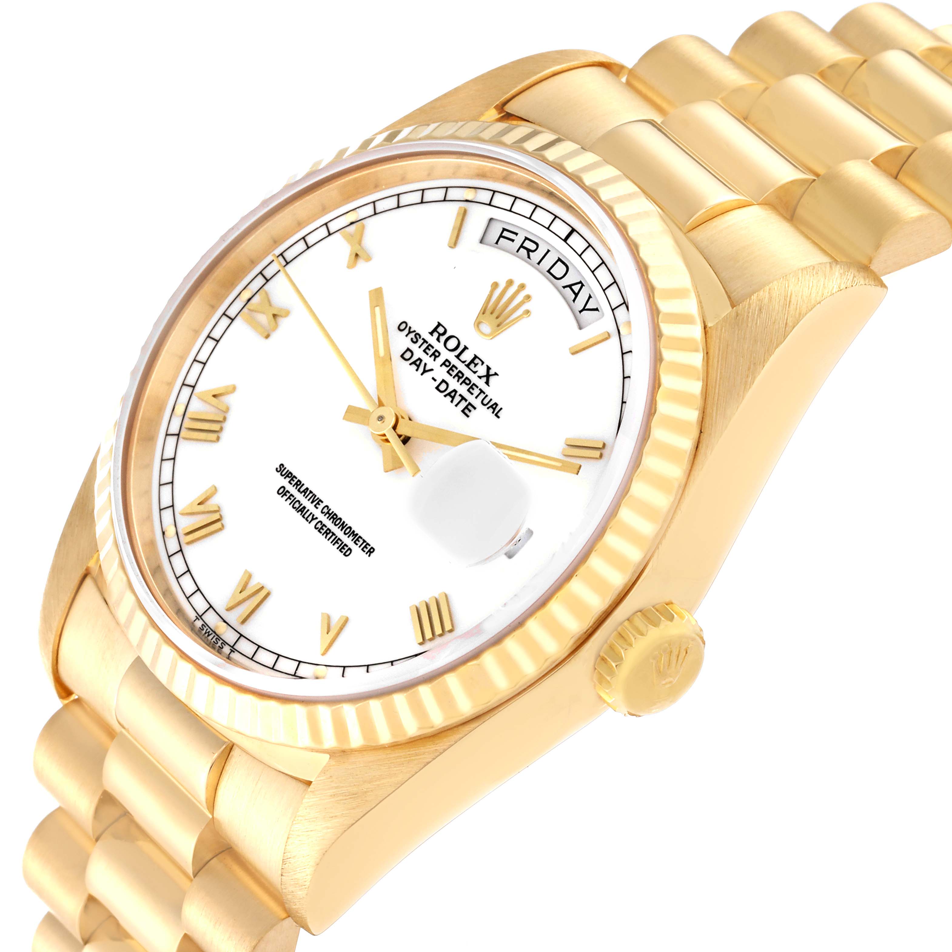 The image shows a side angle of the Rolex President 18238 Men's Yellow Gold White Dial 18238 Men's Yellow Gold White Dial model watch, highlighting its dial, case, and part of the bracelet.