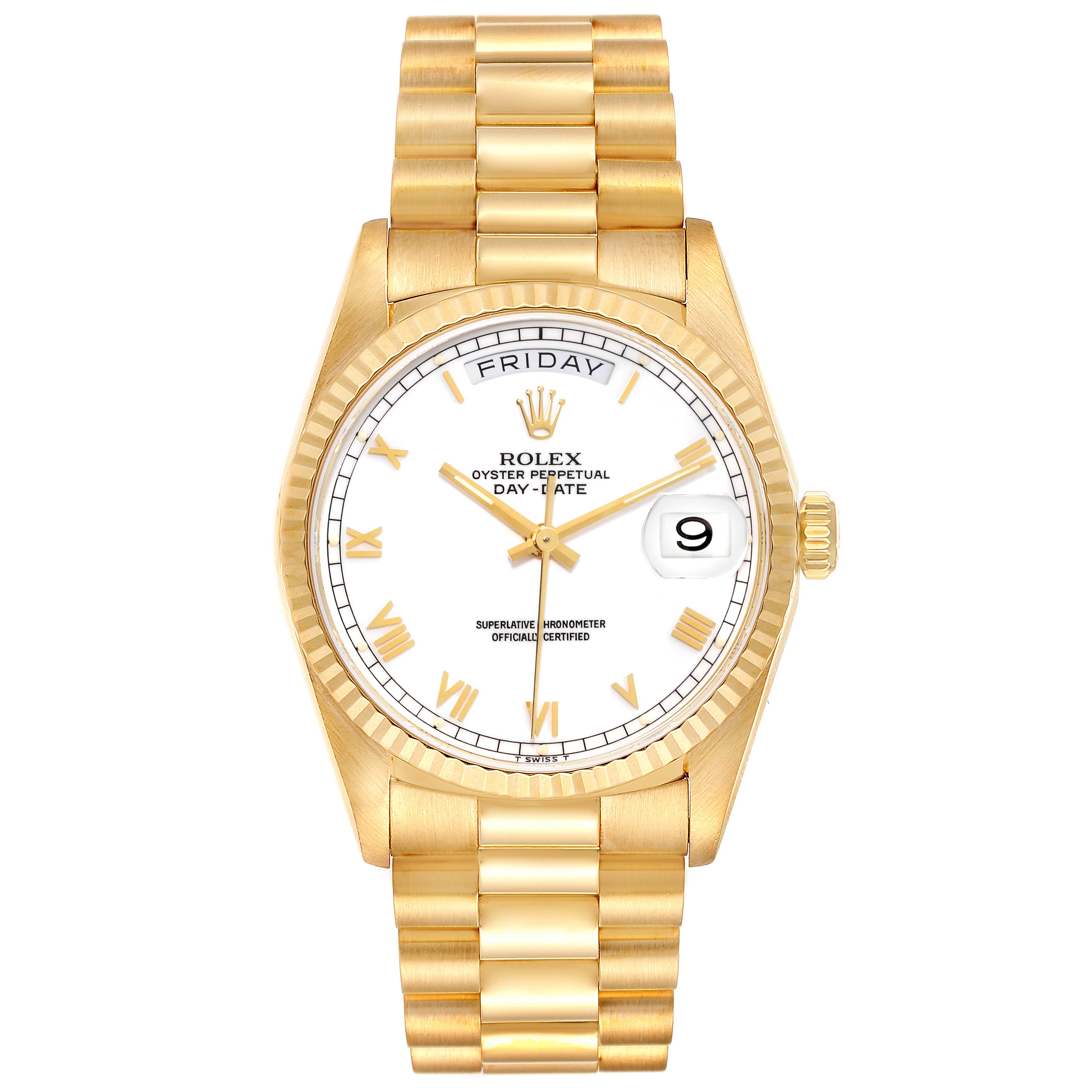This image shows a front view of the Rolex President 18238 Men's Yellow Gold White Dial 18238 Men's Yellow Gold White Dial model, highlighting the dial, bezel, case, crown, and bracelet.