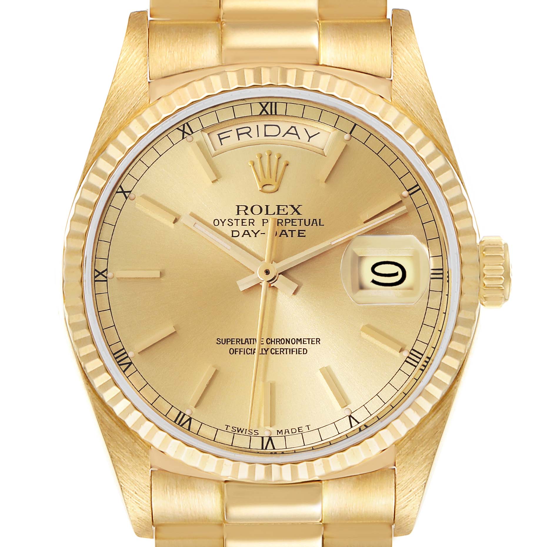 The image shows a front angle of the Rolex President 18038 Men's Yellow Gold Champagne Dial 18038 Men's Yellow Gold Champagne Dial model, highlighting the dial, day-date display, and part of the bracelet.