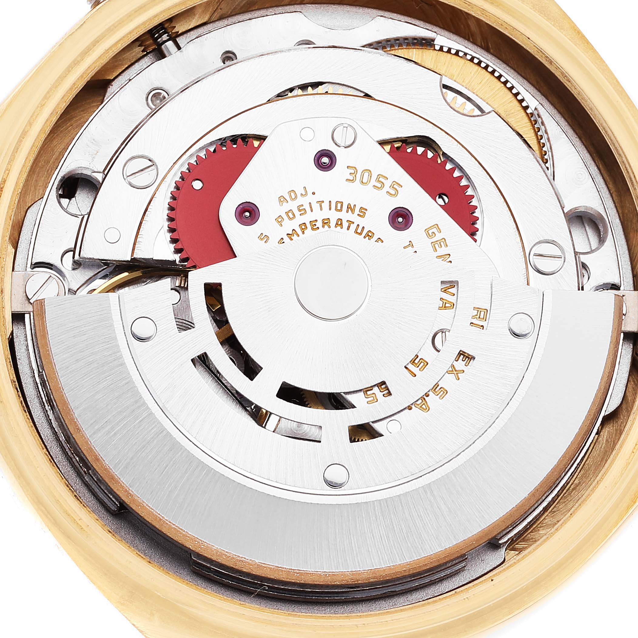 The image shows the inner mechanical movement of a Rolex President 18038 Men's Yellow Gold Champagne Dial 18038 Men's Yellow Gold Champagne Dial model watch, focusing on the rotor and gear components.