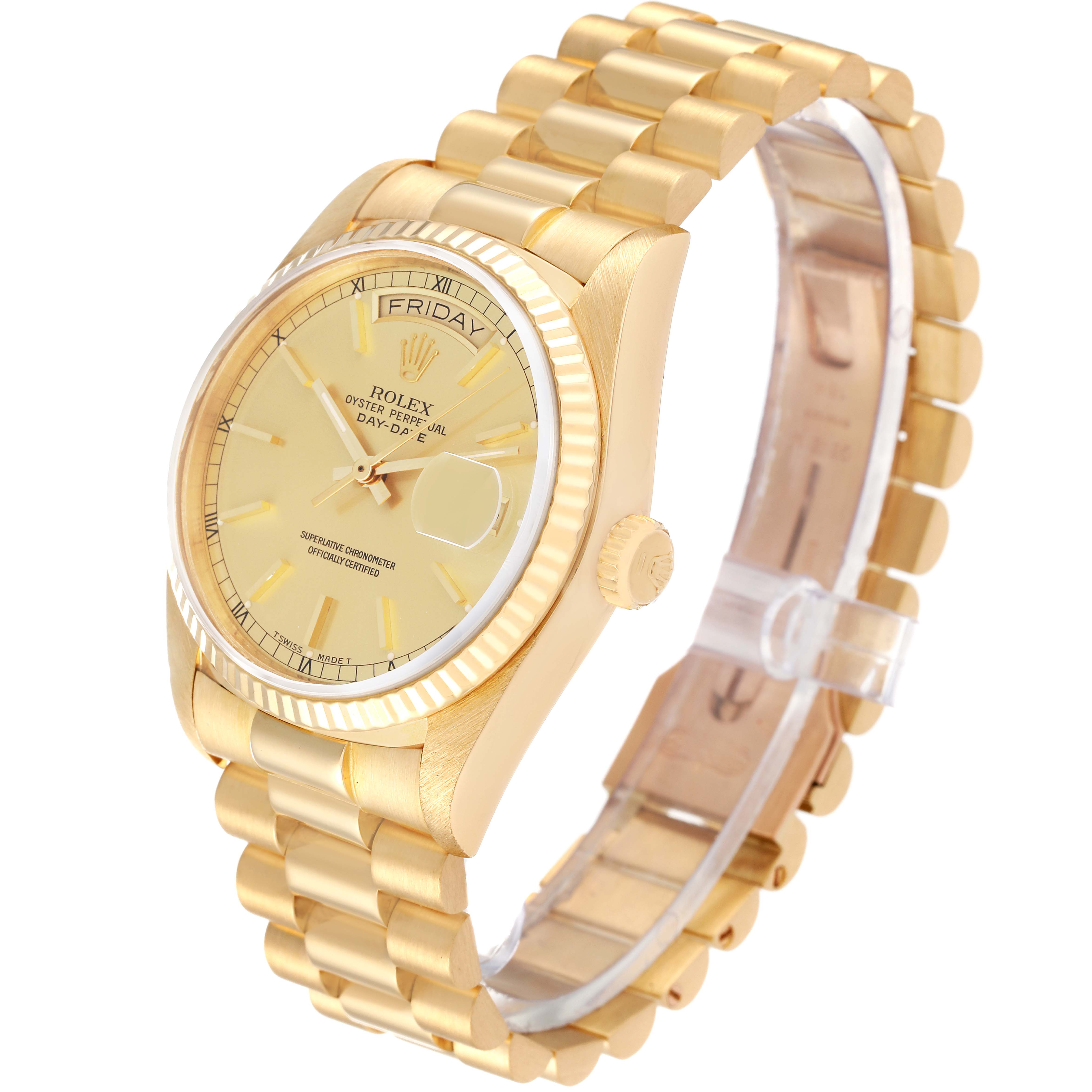 This Rolex President 18038 Men's Yellow Gold Champagne Dial 18038 Men's Yellow Gold Champagne Dial model watch is shown from a three-quarter angle, displaying its face, bracelet, and crown.