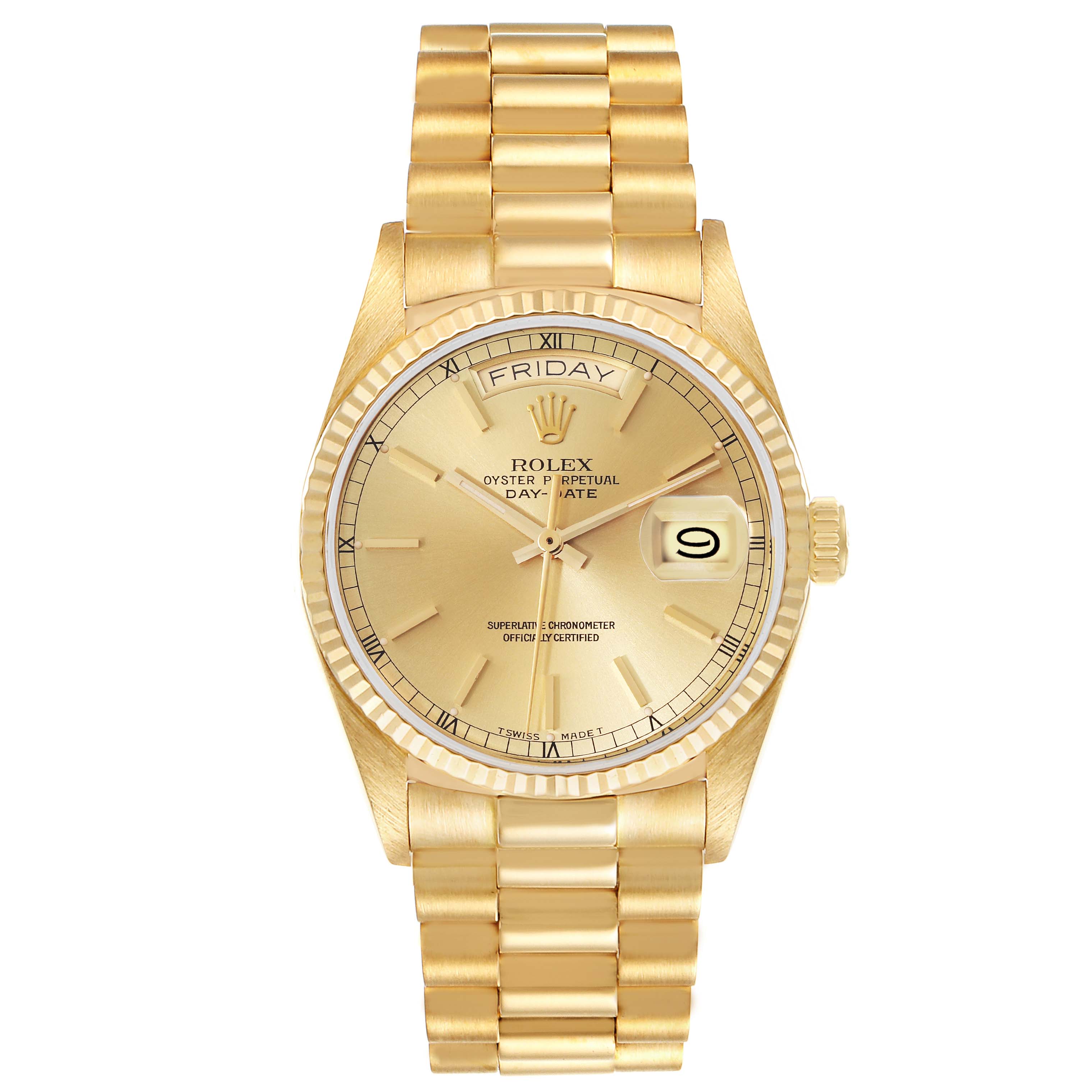 The image shows a frontal view of a Rolex President 18038 Men's Yellow Gold Champagne Dial 18038 Men's Yellow Gold Champagne Dial model watch, highlighting its gold bracelet, dial, and day-date features.