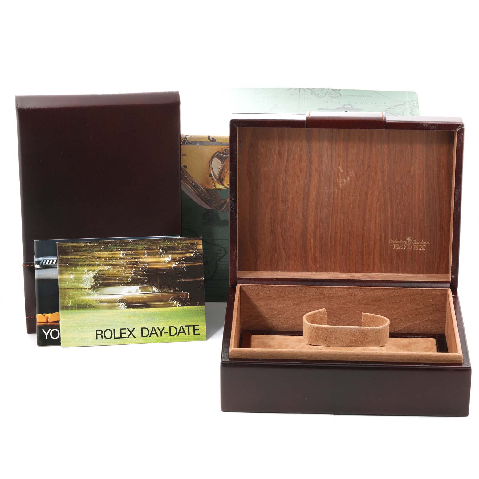 The image shows an open Rolex President 18038 Men's Yellow Gold Champagne Dial 18038 Men's Yellow Gold Champagne Dial model watch box with accompanying booklets and packaging from a frontal angle.